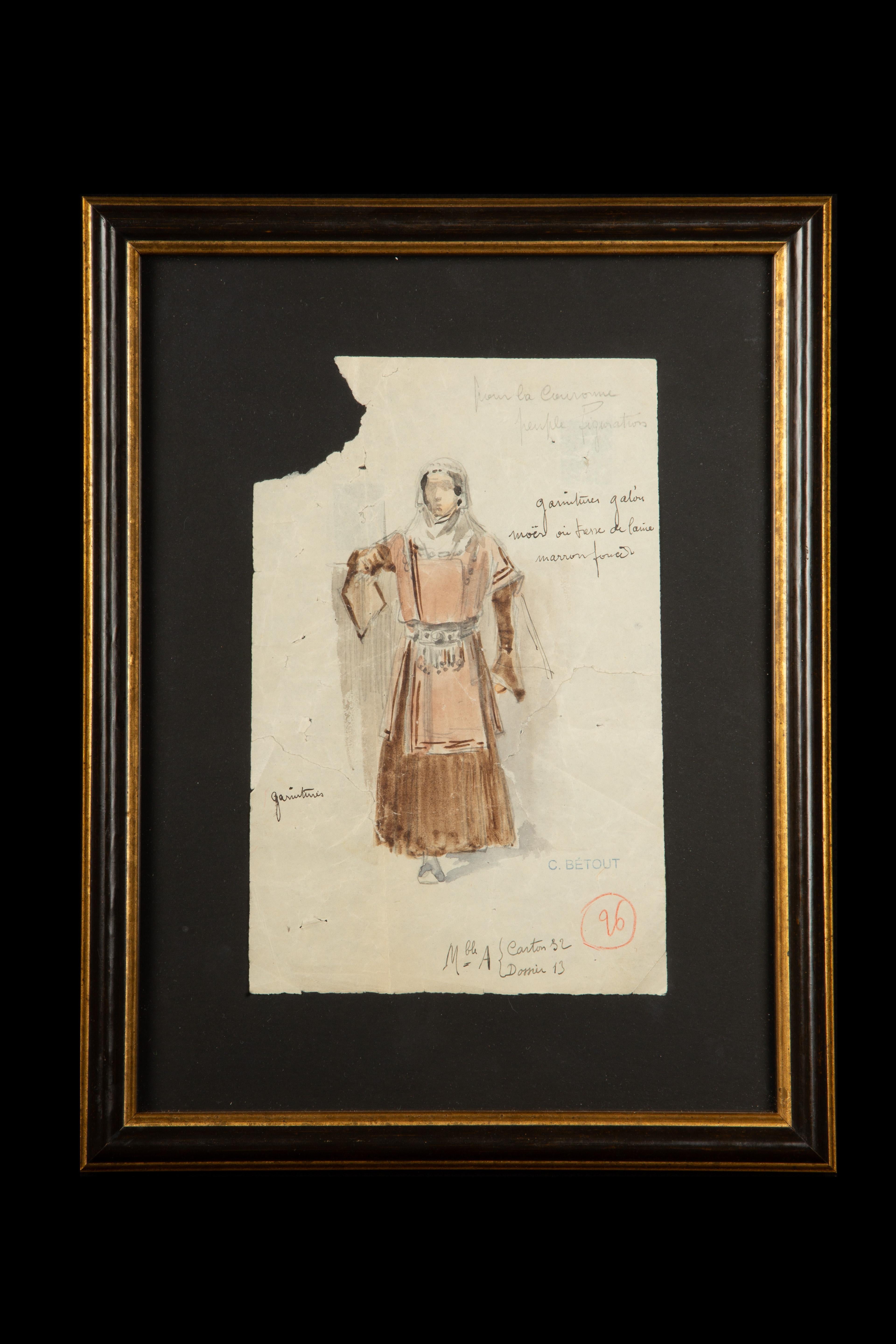 Original watercolor opera costume design by Charles Betout, the principal costume designer for the Comédie-Française in Paris from 1919 til his death in 1939. Betout was renowned for his diligent historical research, and his costumes were in high
