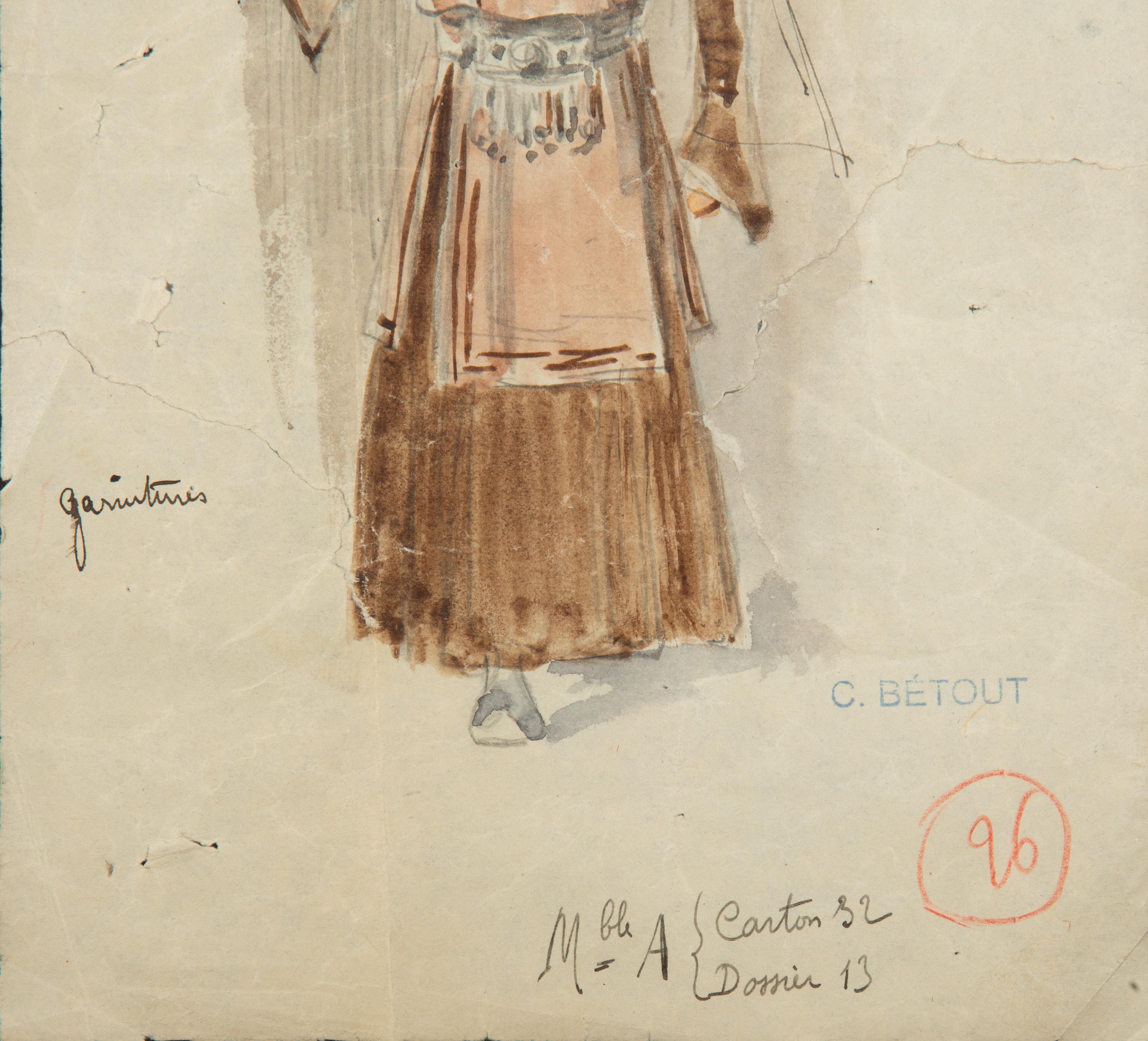 Napoleone III Disegno di costumi d'opera originale incorniciato e acquerellato, opera di Charles Betout in vendita