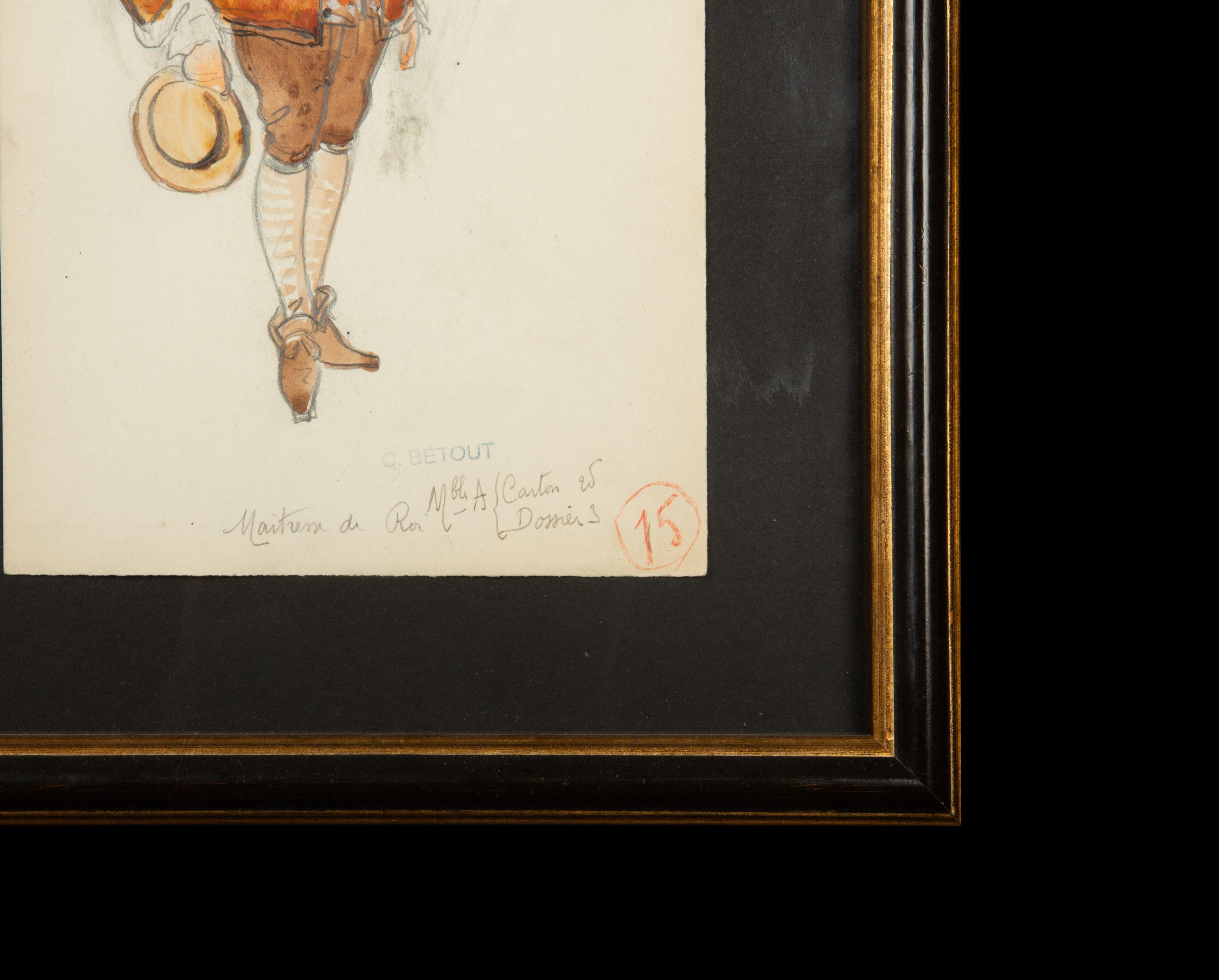 French Framed Original Opera Costume Design Water Color, By Charles Betout For Sale