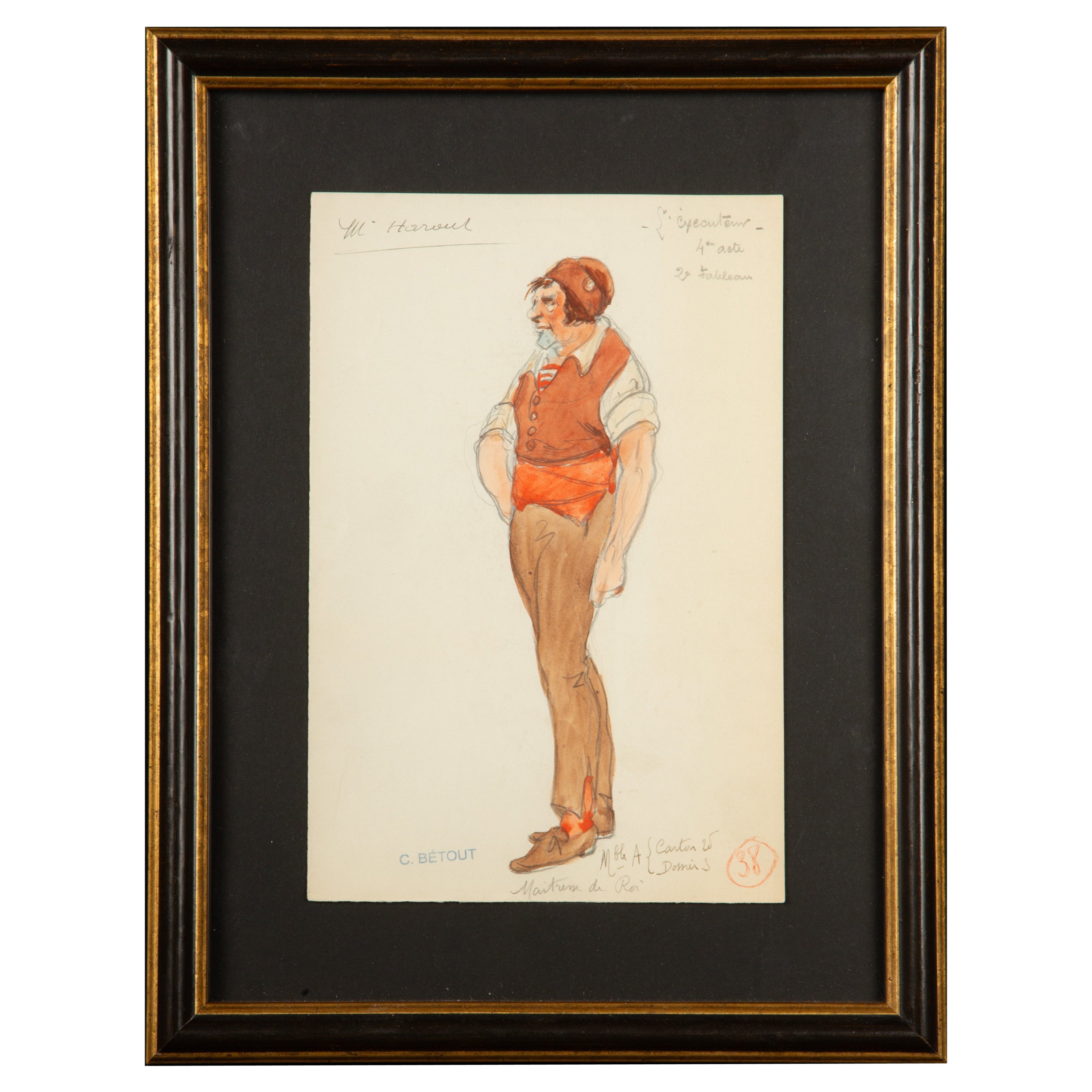 Gerahmtes Original-Opernkostüm-Design, Aquarellfarbe, von Charles Betout