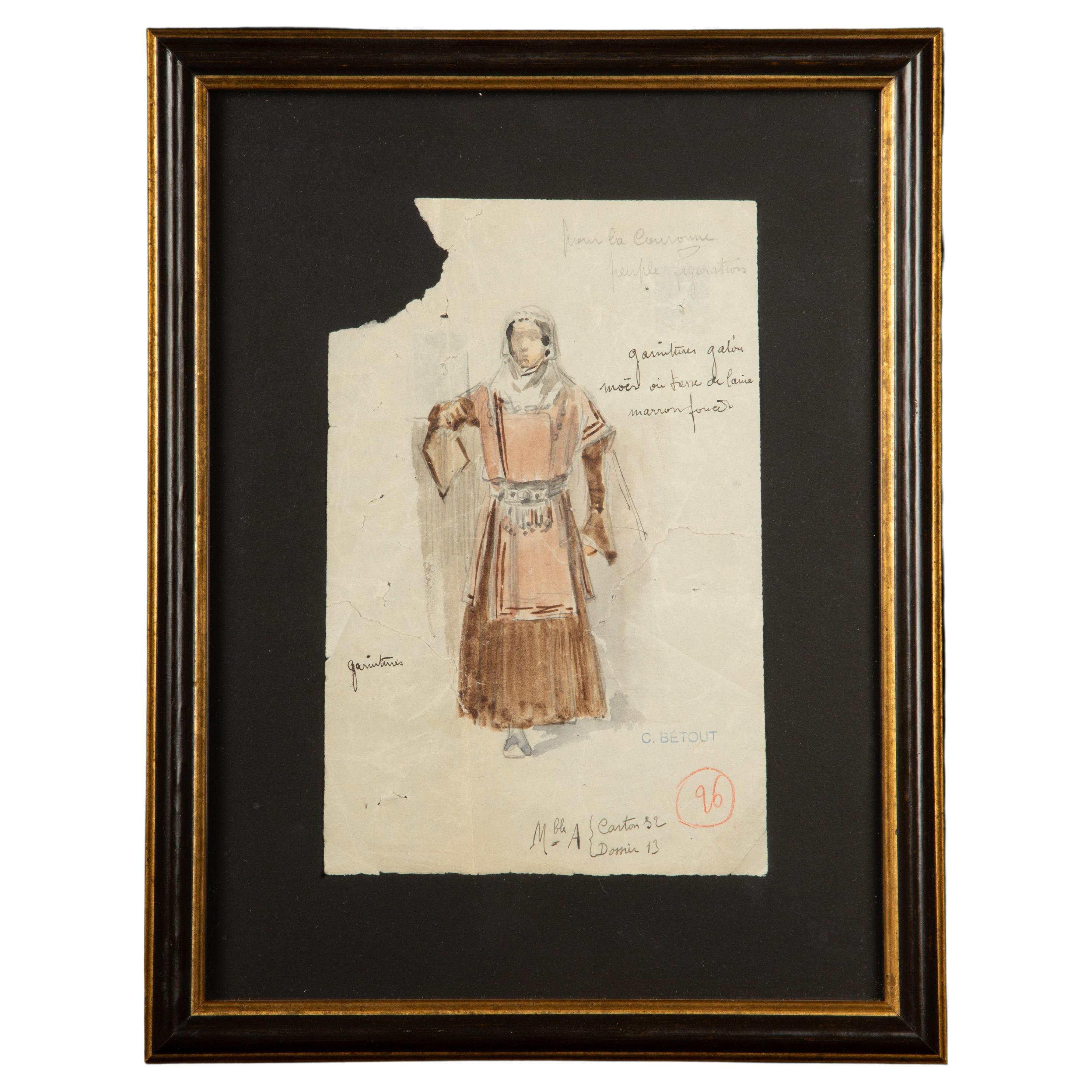 Disegno di costumi d'opera originale incorniciato e acquerellato, opera di Charles Betout in vendita