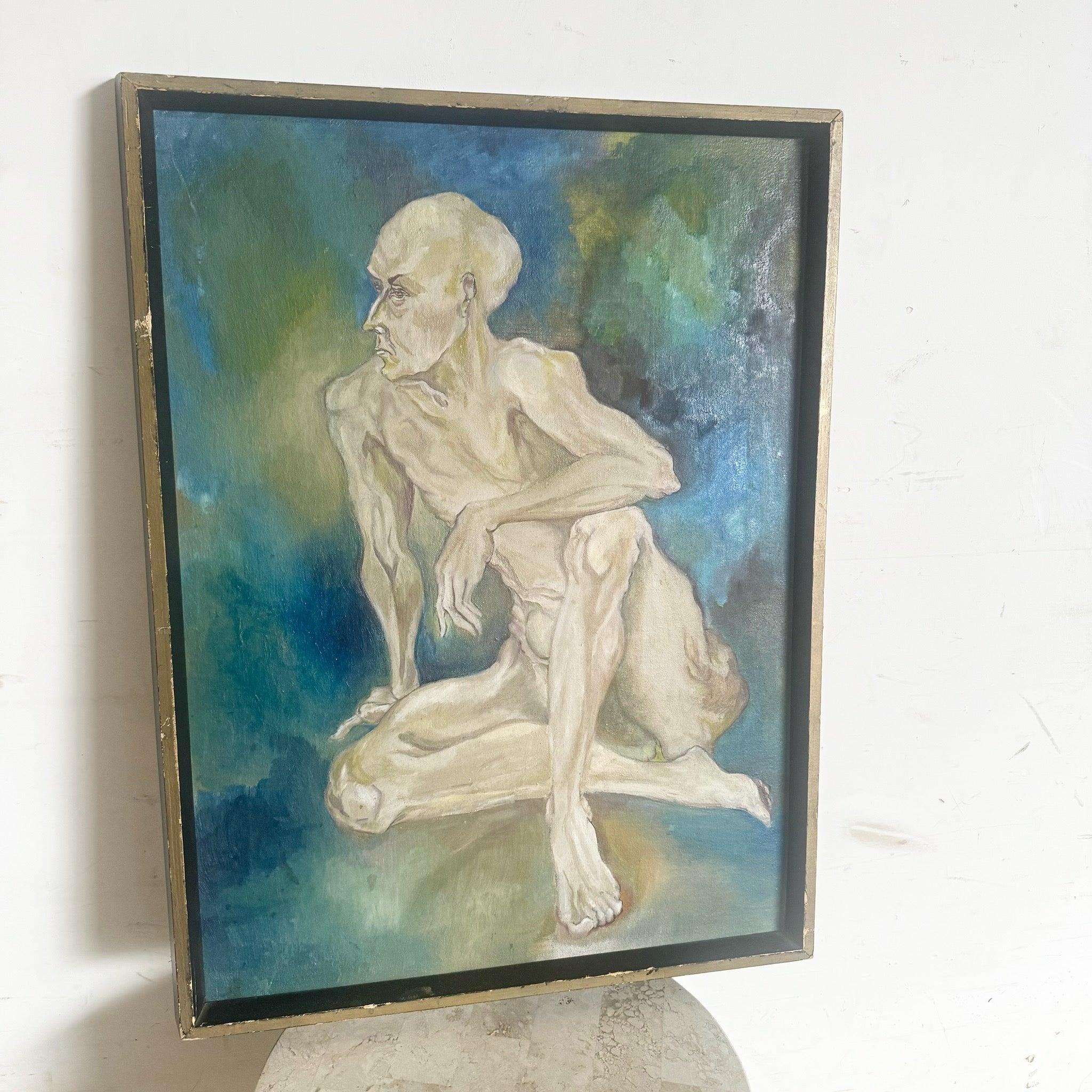 Framed Original Painting of Nude Man Sitting, featuring expressive brushstrokes and thoughtful composition, perfect for art collectors.
 
 Some wear to the frame as shown in the photos. 
 
 We sell items as acquired, without restoring or repairing.