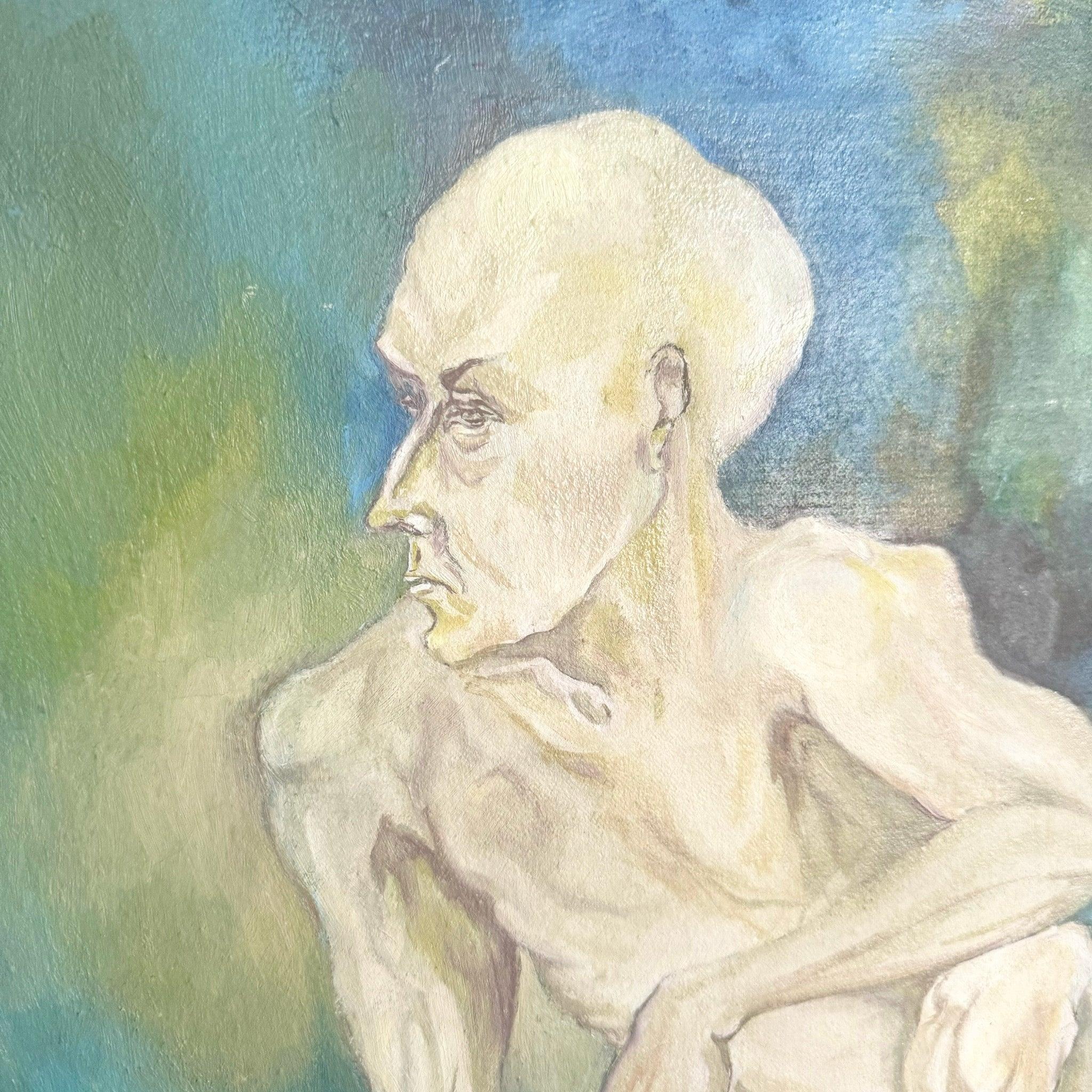 Canvas Framed Original Painting of Nude Man Sitting For Sale