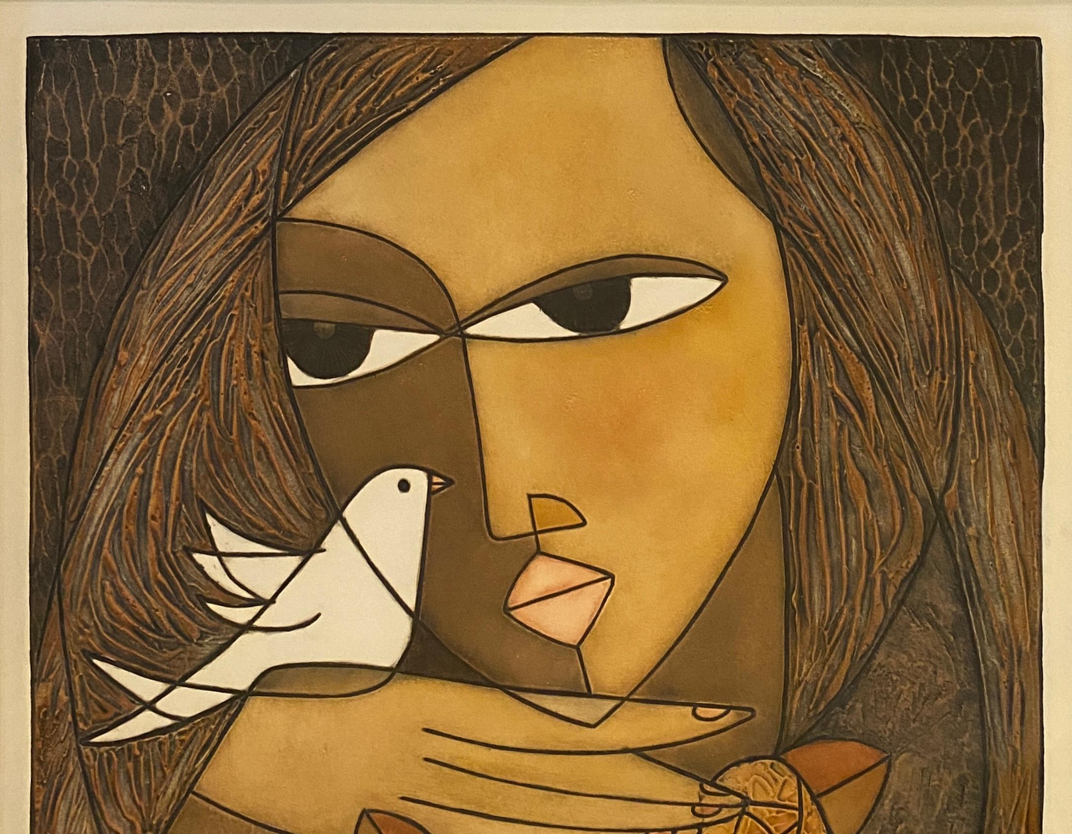 Framed Original Print Woman holding a Dove, Pencil Signed by the Artist Houng For Sale 3