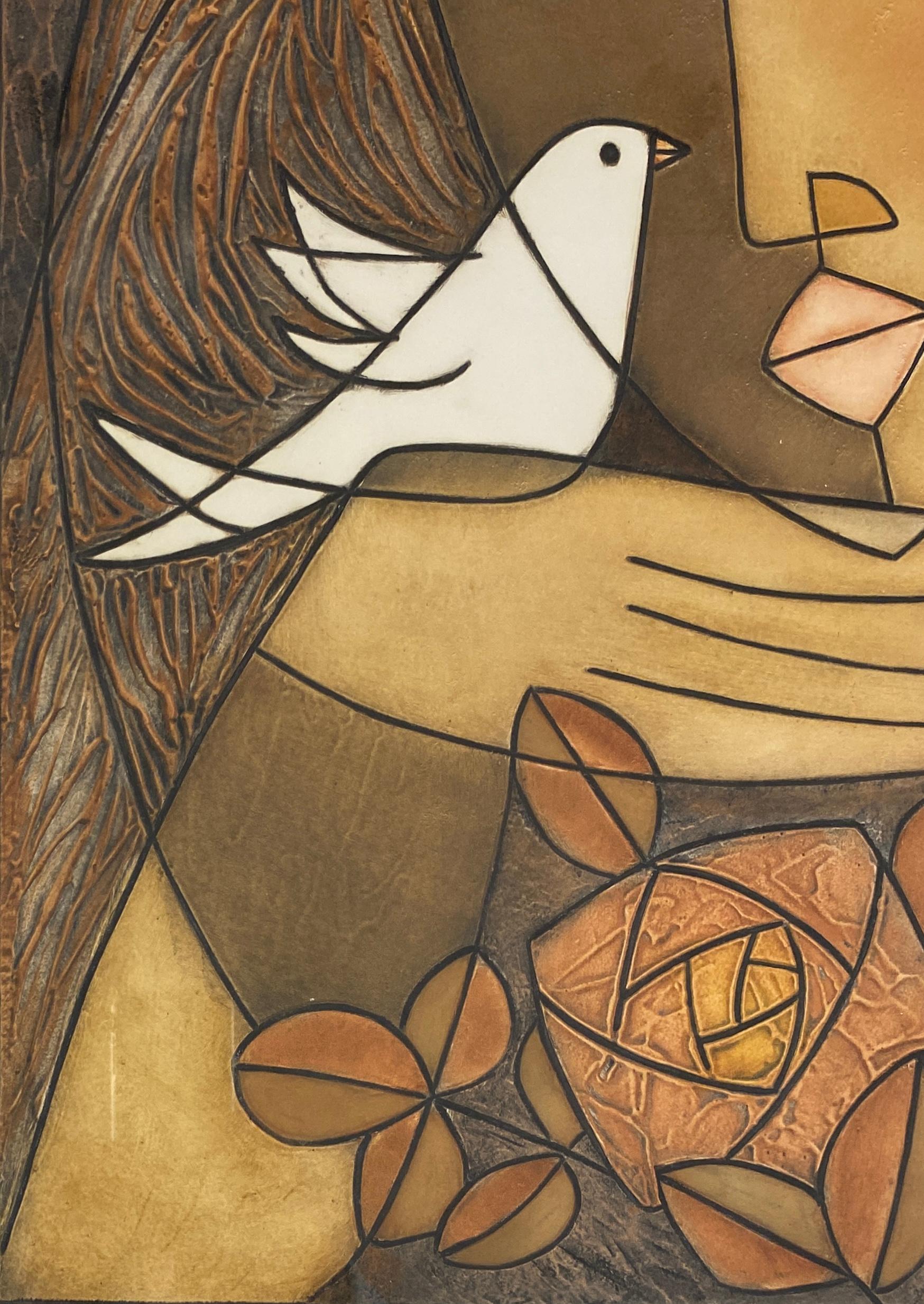 American Framed Original Print Woman holding a Dove, Pencil Signed by the Artist Houng For Sale