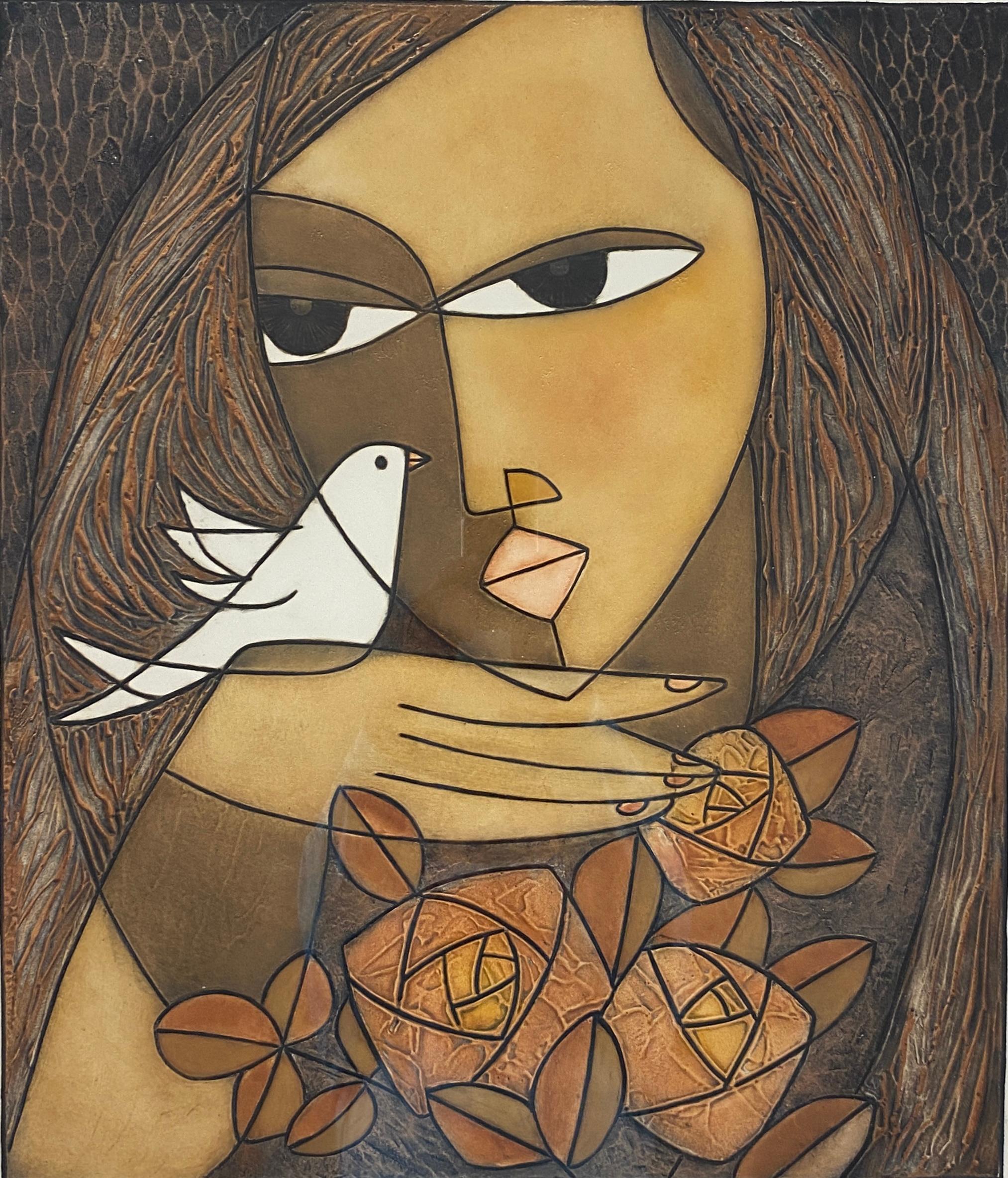 Framed Original Print Woman holding a Dove, Pencil Signed by the Artist Houng In Good Condition For Sale In Miami, FL