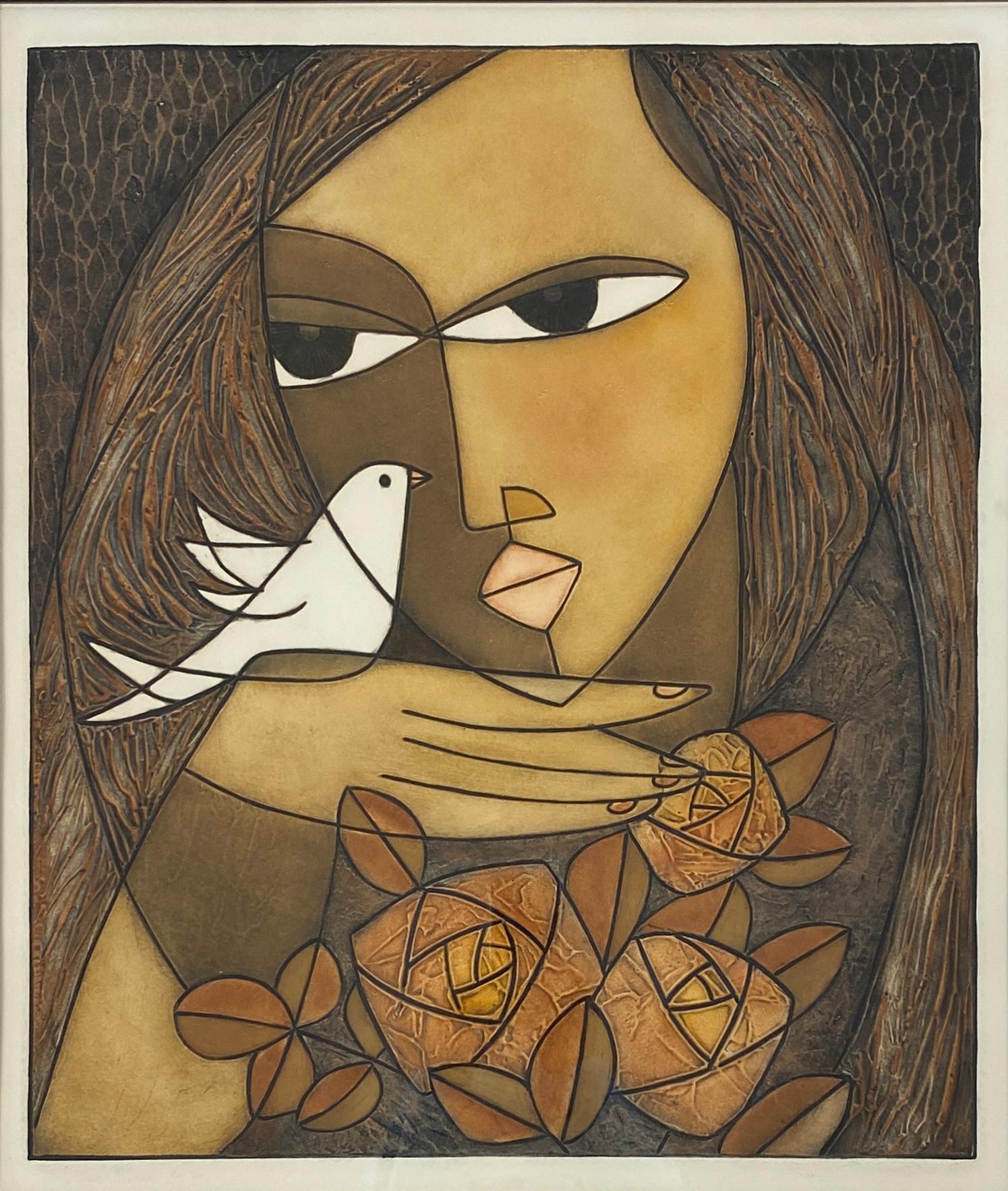 20th Century Framed Original Print Woman holding a Dove, Pencil Signed by the Artist Houng For Sale