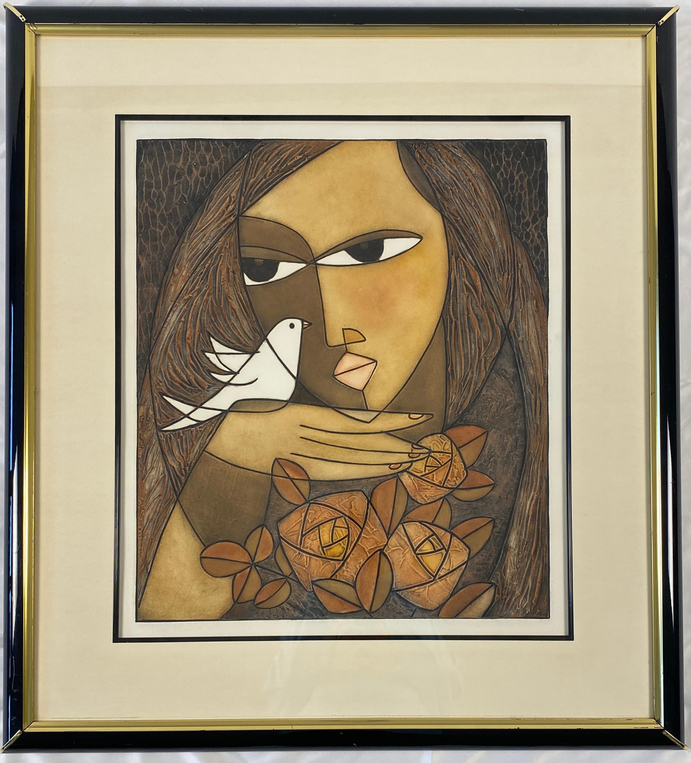 Paper Framed Original Print Woman holding a Dove, Pencil Signed by the Artist Houng For Sale