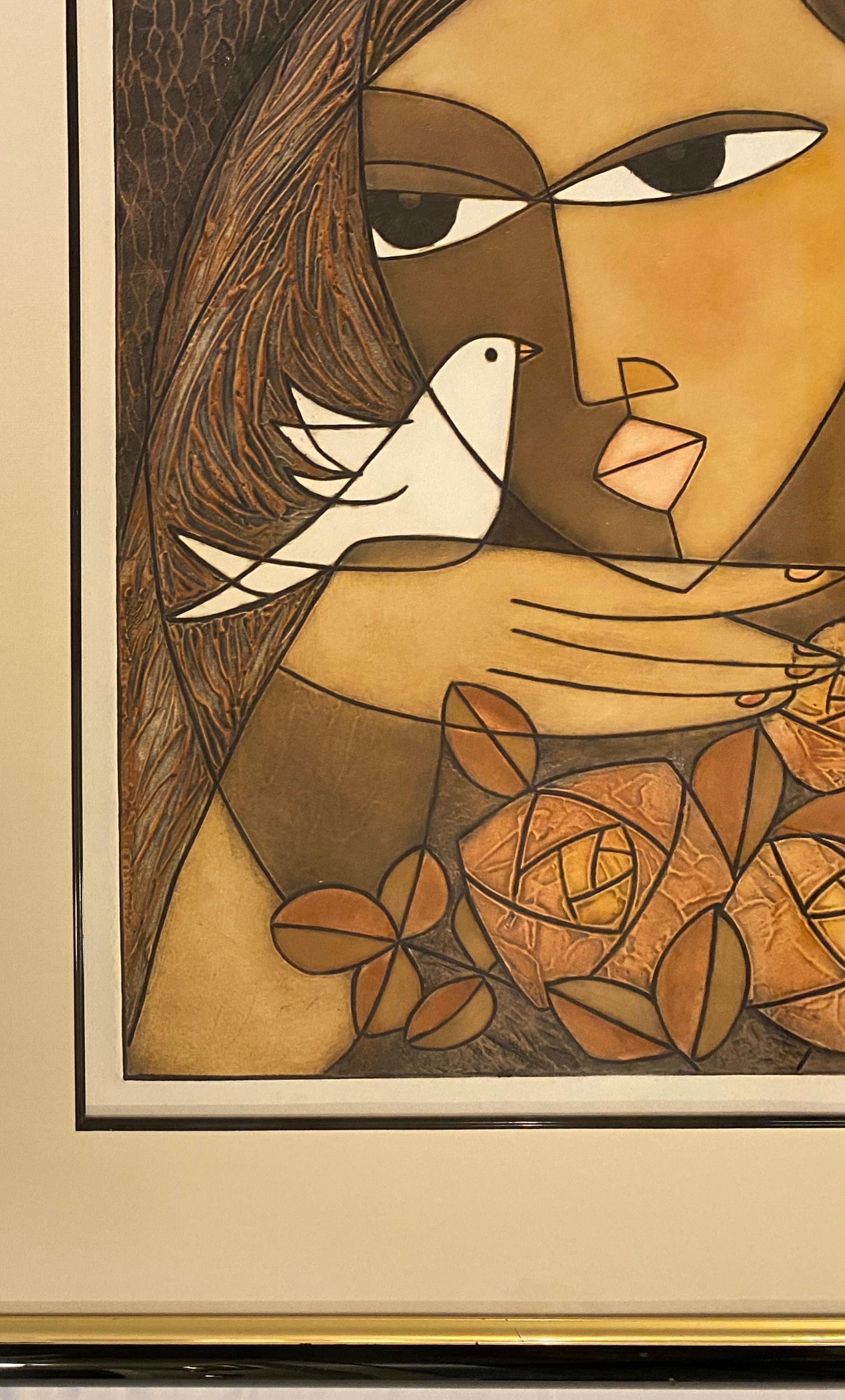 Framed Original Print Woman holding a Dove, Pencil Signed by the Artist Houng For Sale 1