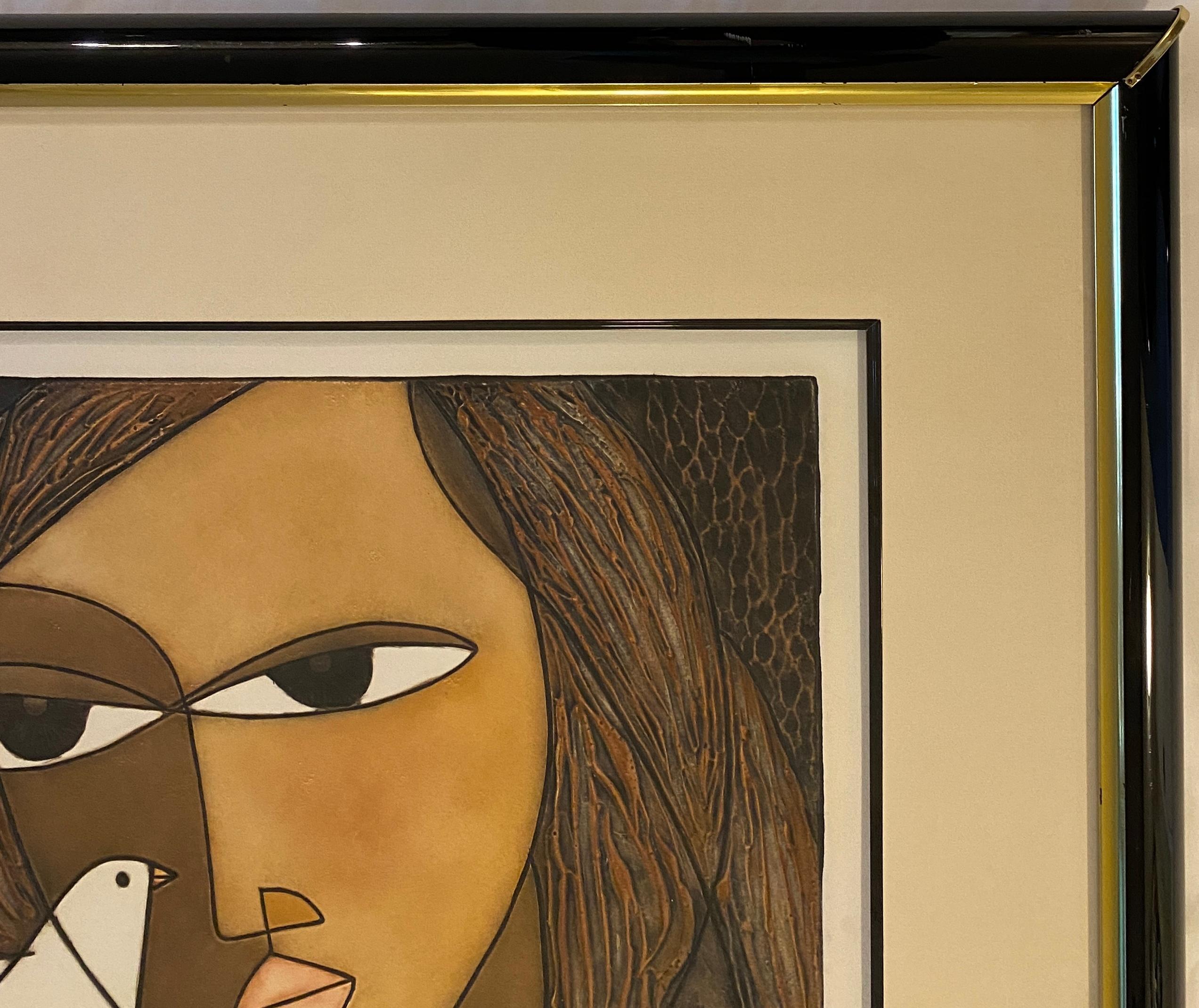 Framed Original Print Woman holding a Dove, Pencil Signed by the Artist Houng For Sale 2
