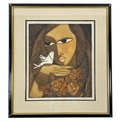 Framed Original Print Woman holding a Dove, Pencil Signed by the Artist Houng 