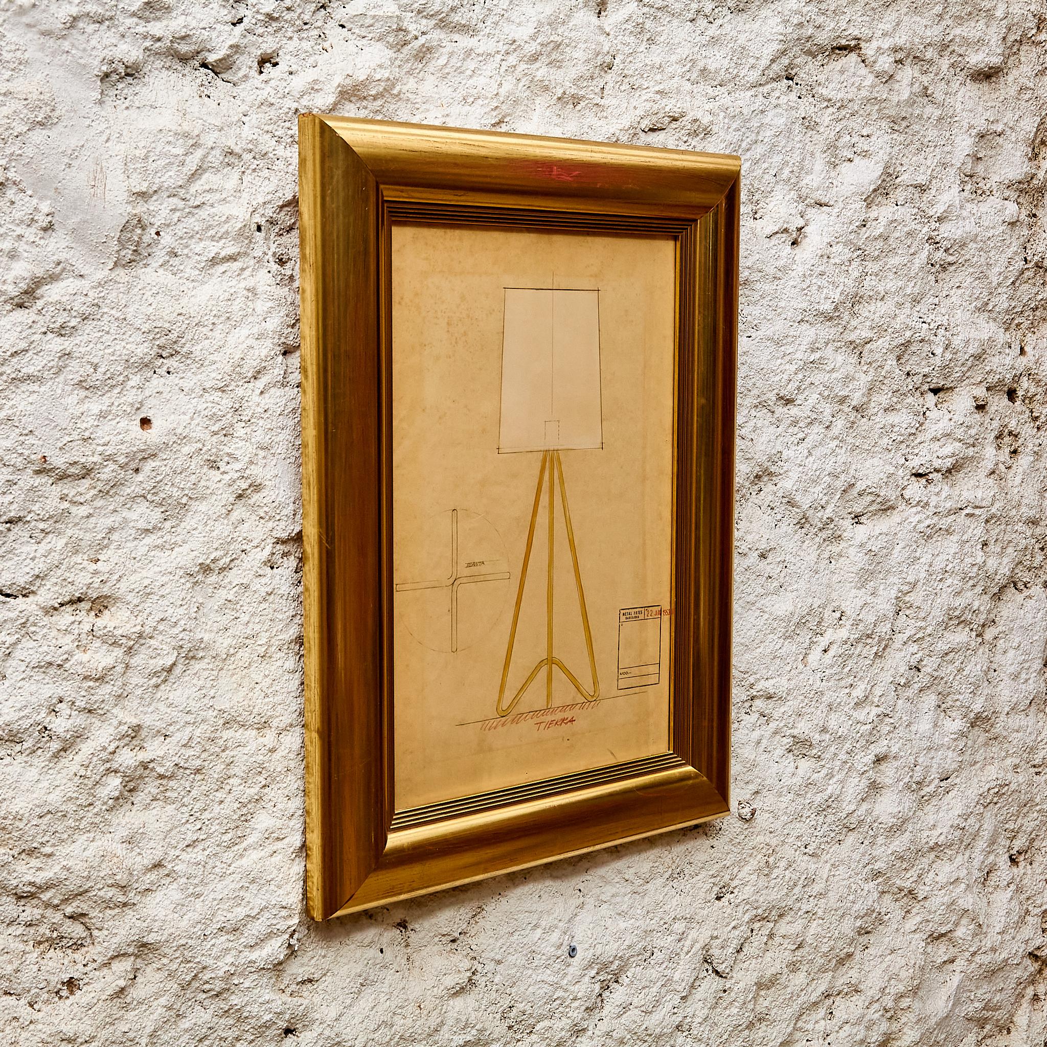 Framed Original Technical Plan of Metalarte Lamp.

Manufactured Spain, circa 1953.

Dimensions: 
D 4 x W 45 H 62 cm

In original condition, with minor wear consistent with age and use, preserving a beautiful patina.

Important information