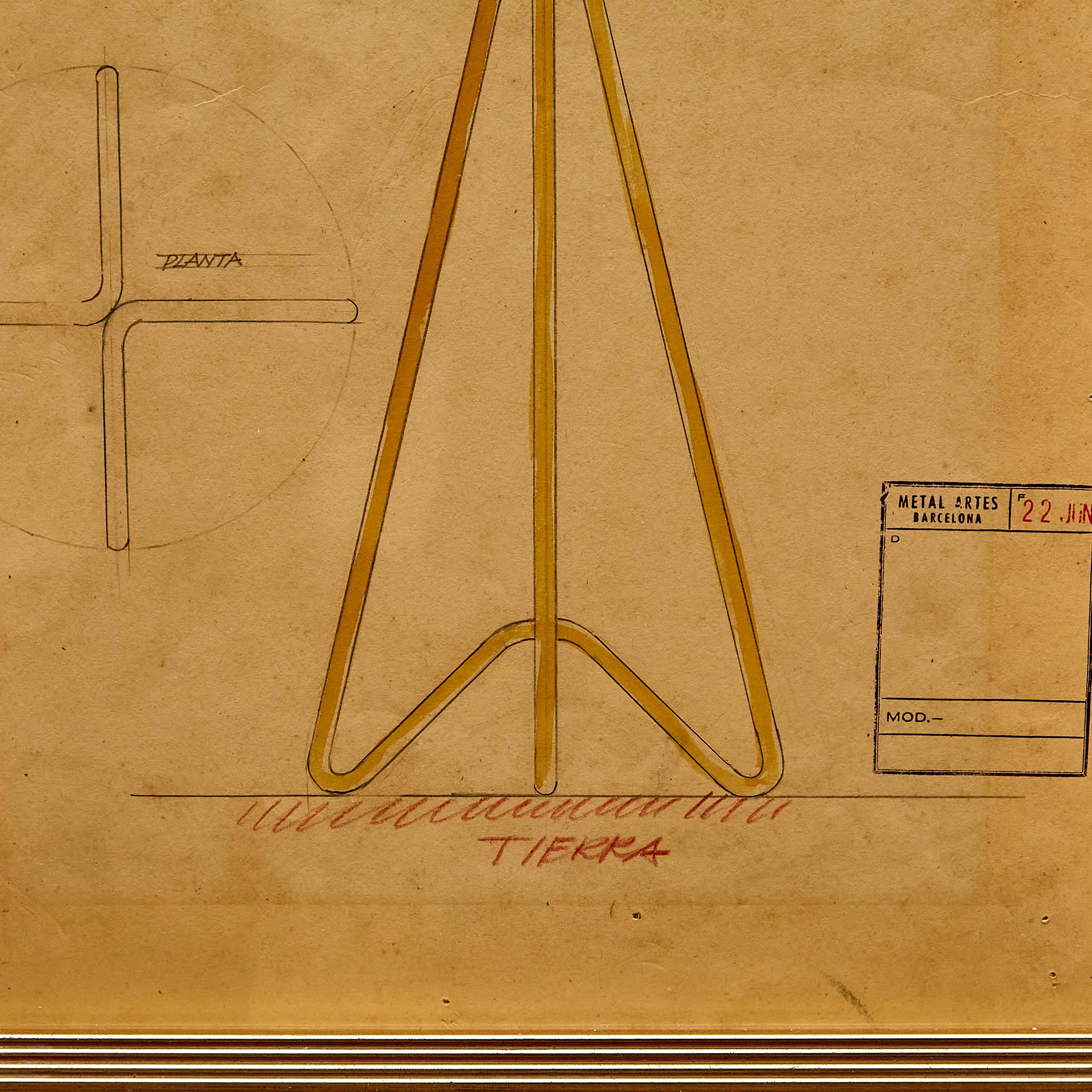 Gerahmtes Original technisches Plan der Metallarte-Lampe, um 1953 im Zustand „Gut“ im Angebot in Barcelona, Barcelona