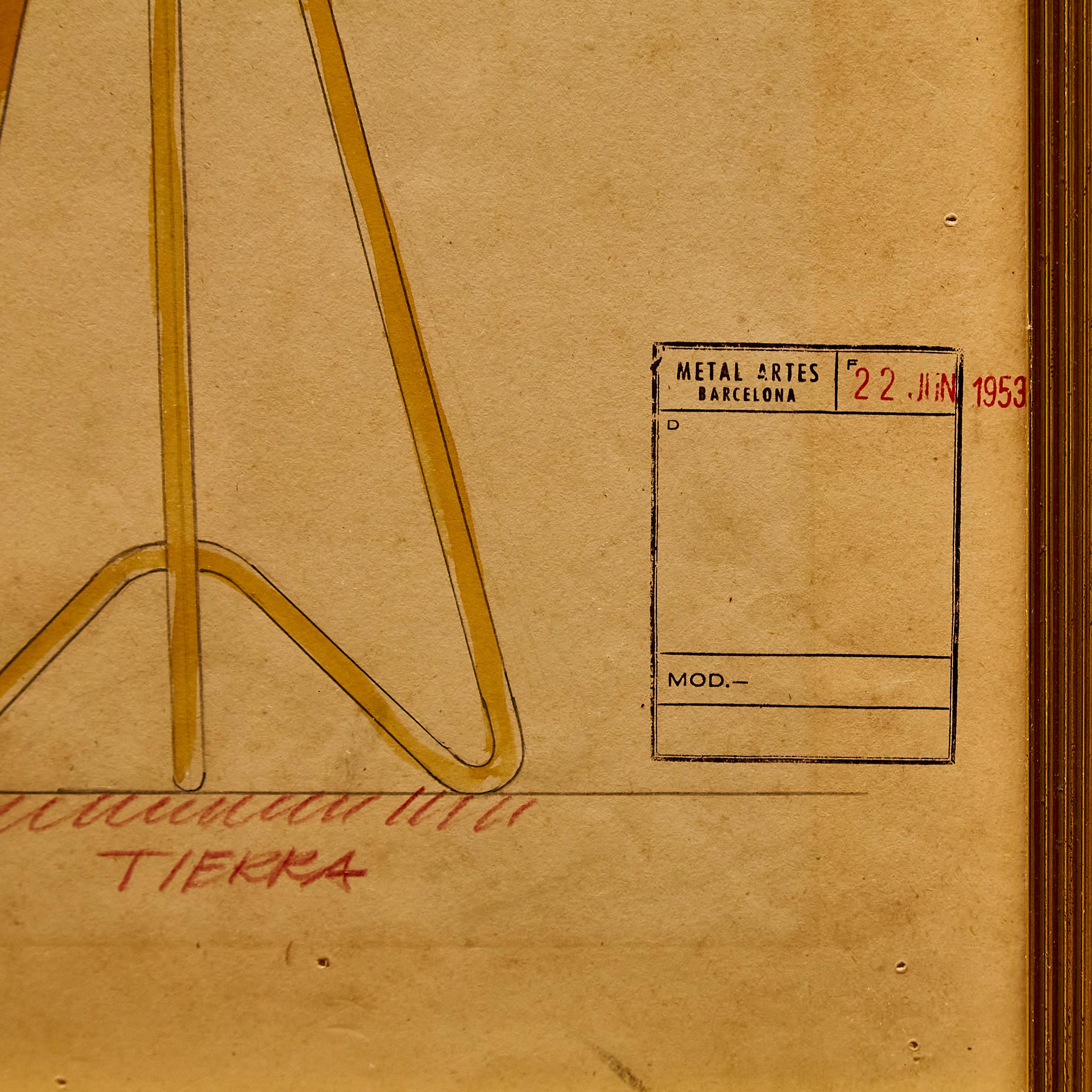 Mid-20th Century Framed Original Technical Plan of Metalarte Lamp, circa 1953 For Sale