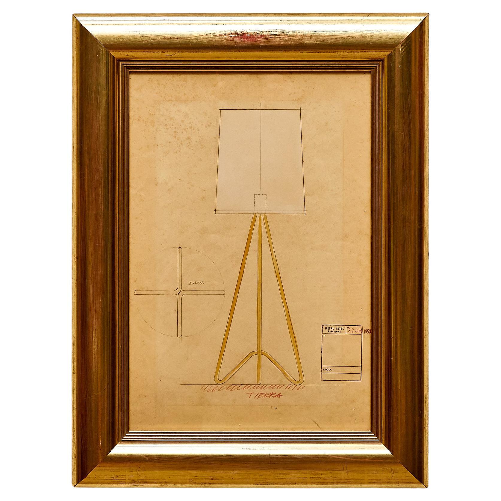 Framed Original Technical Plan of Metalarte Lamp, circa 1953 For Sale