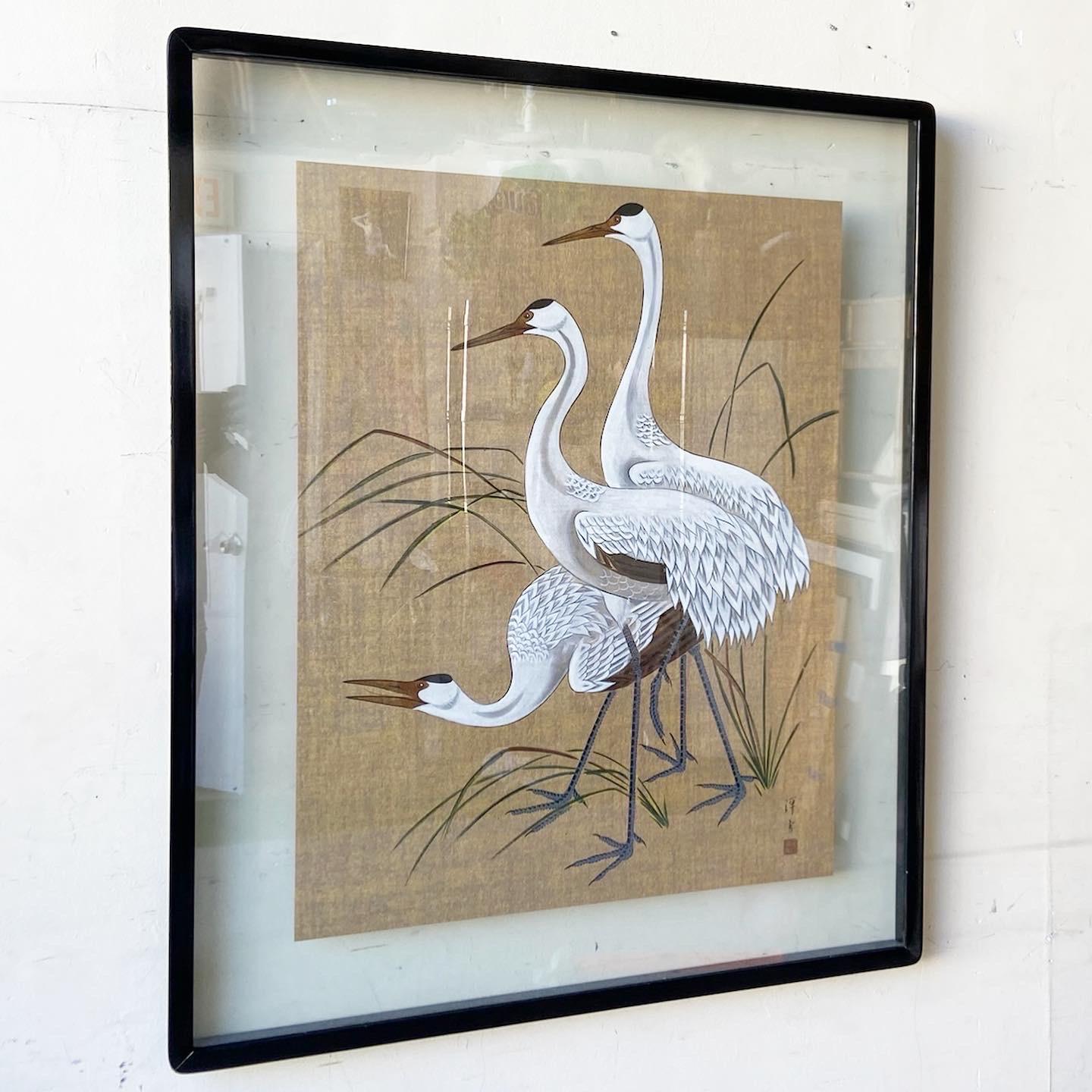 Exceptional framed original tempera painting title “Whooping Crane” by Mi Chou. Features white cranes in the brush.
 