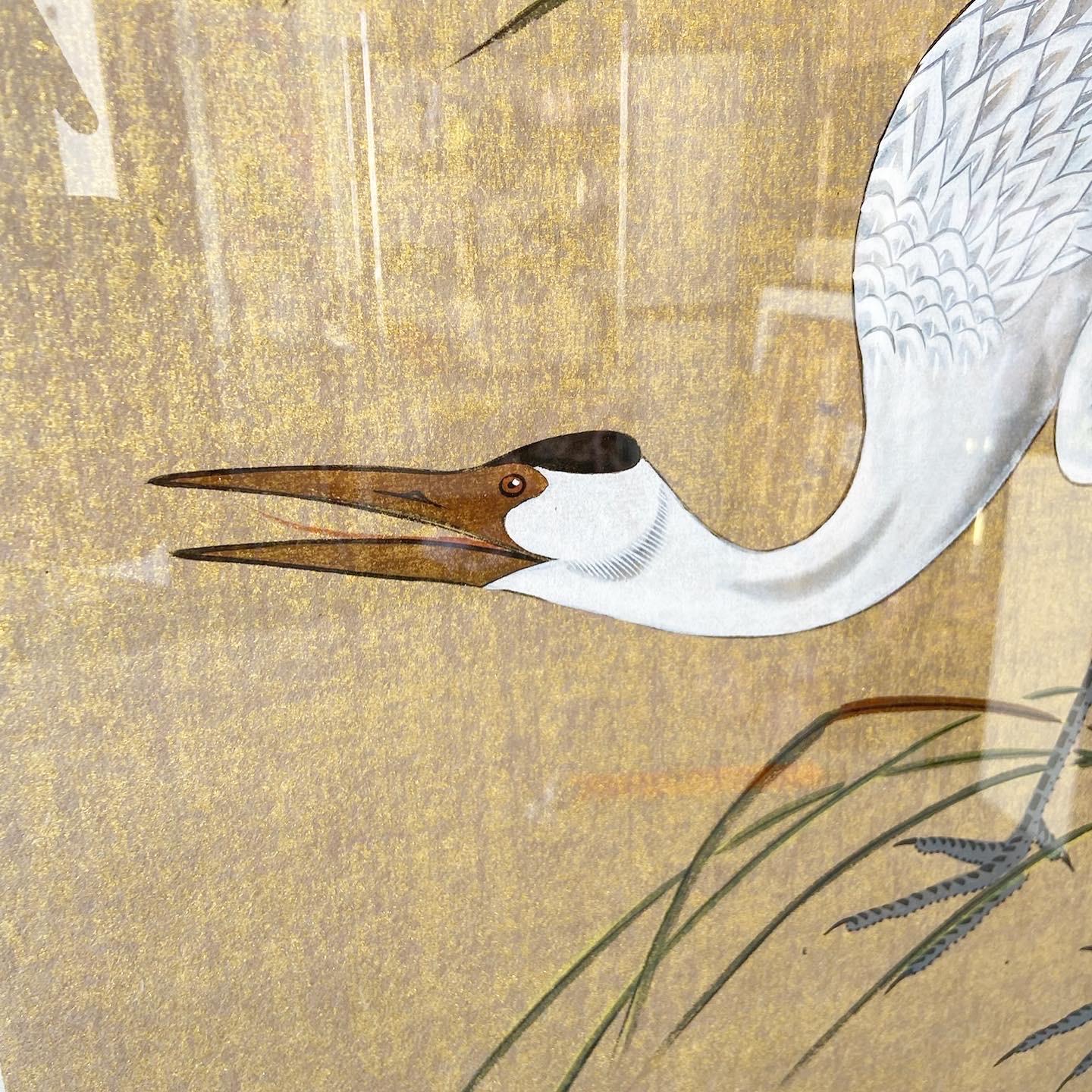 Chinoiserie Framed Original Tempera “Whooping Crane” by Mi Chou
