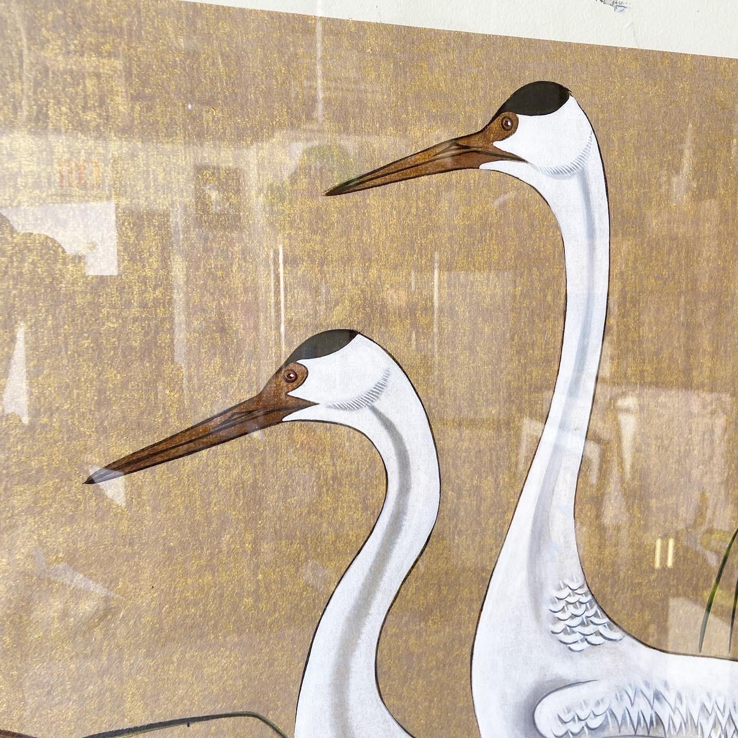 Late 20th Century Framed Original Tempera “Whooping Crane” by Mi Chou