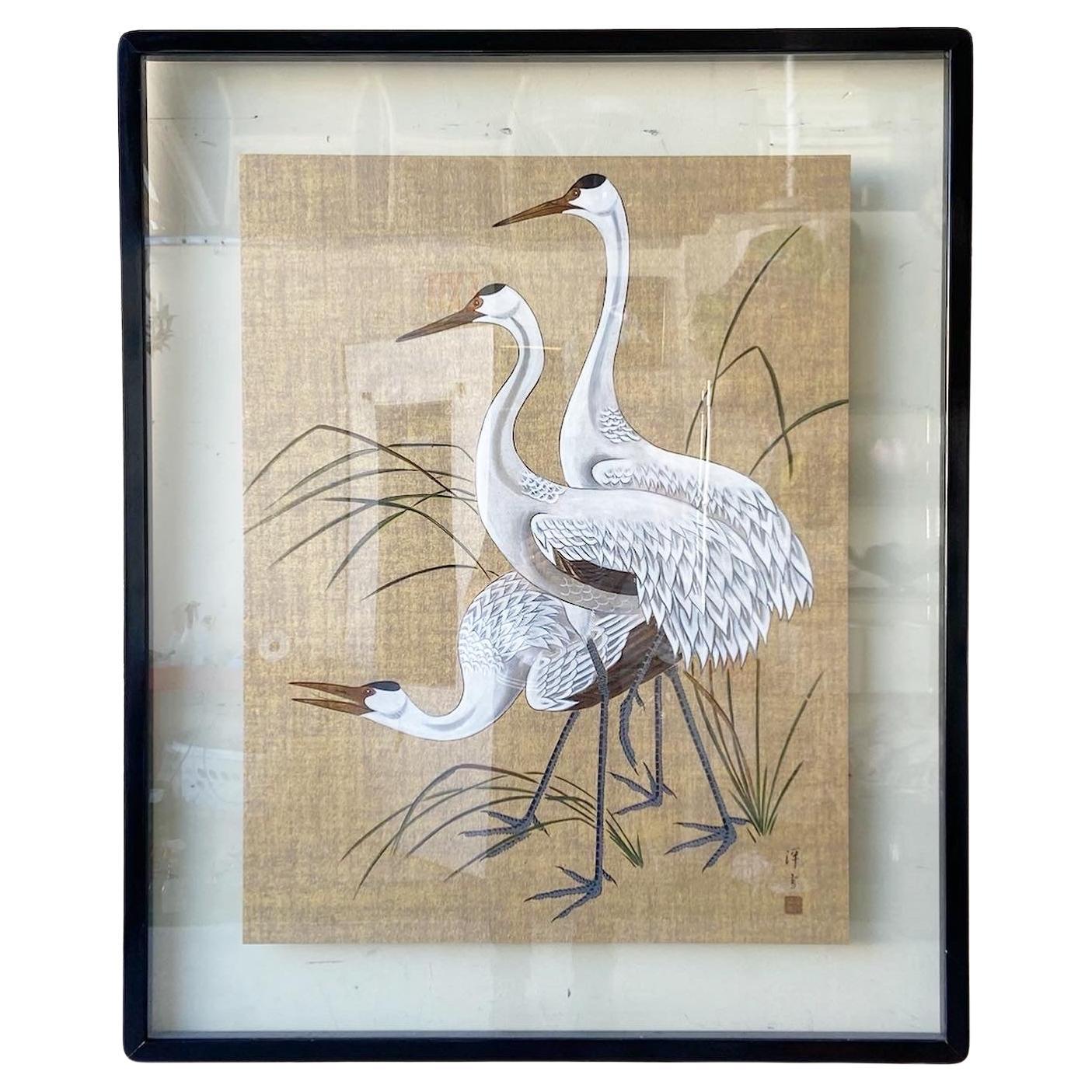 Framed Original Tempera “Whooping Crane” by Mi Chou
