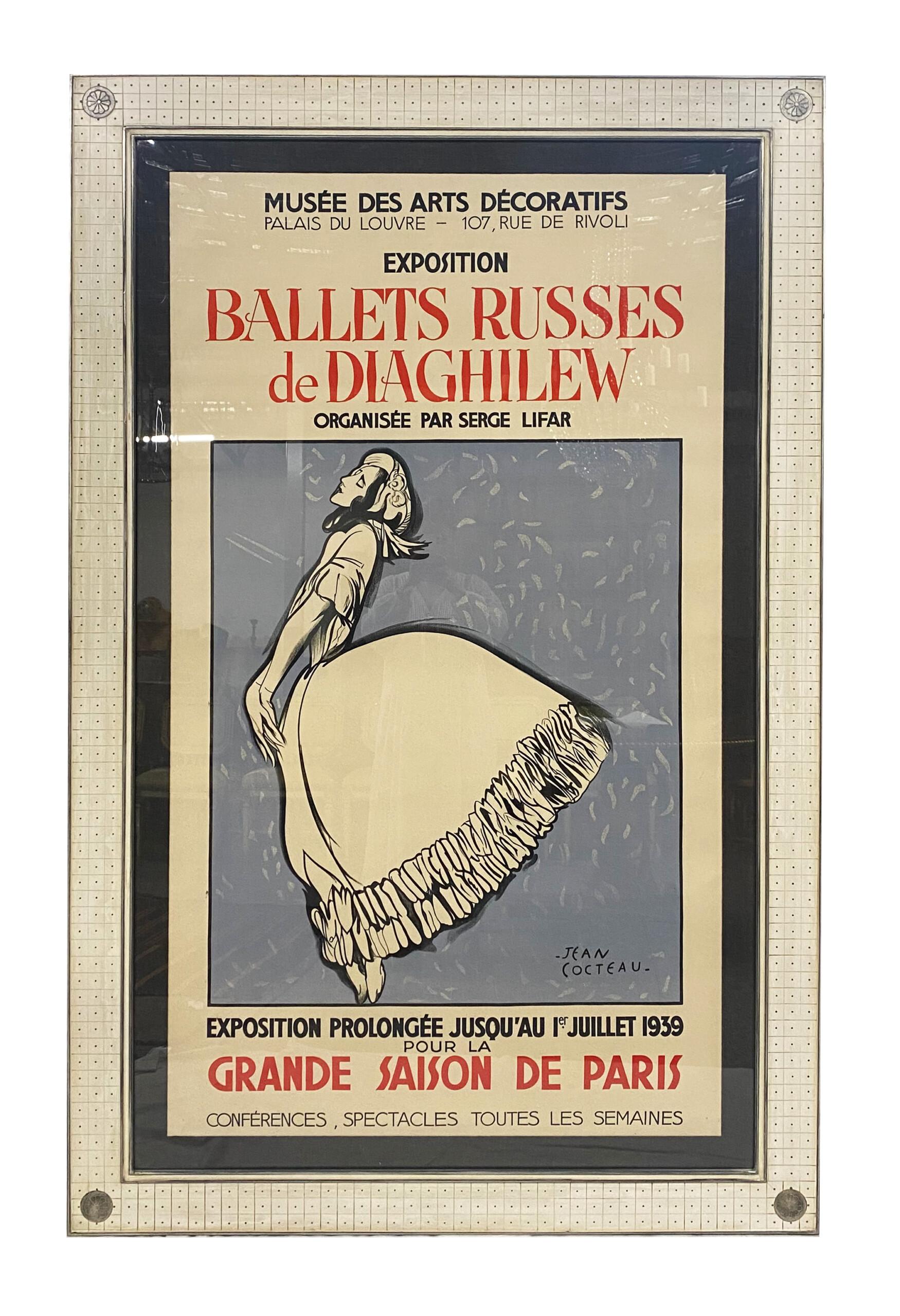 Dimensions with Frame: 43? x 73?
Artist: Jean Cocteau
Medium: Original Stone Lithograph Vintage Poster

c. 1939


Advertising poster for the 1939 exhibition BALLETS RUSSES DE DIAGHILEW 1909 A 1929 Musee des Art Decoratifs. Our 1939 poster was