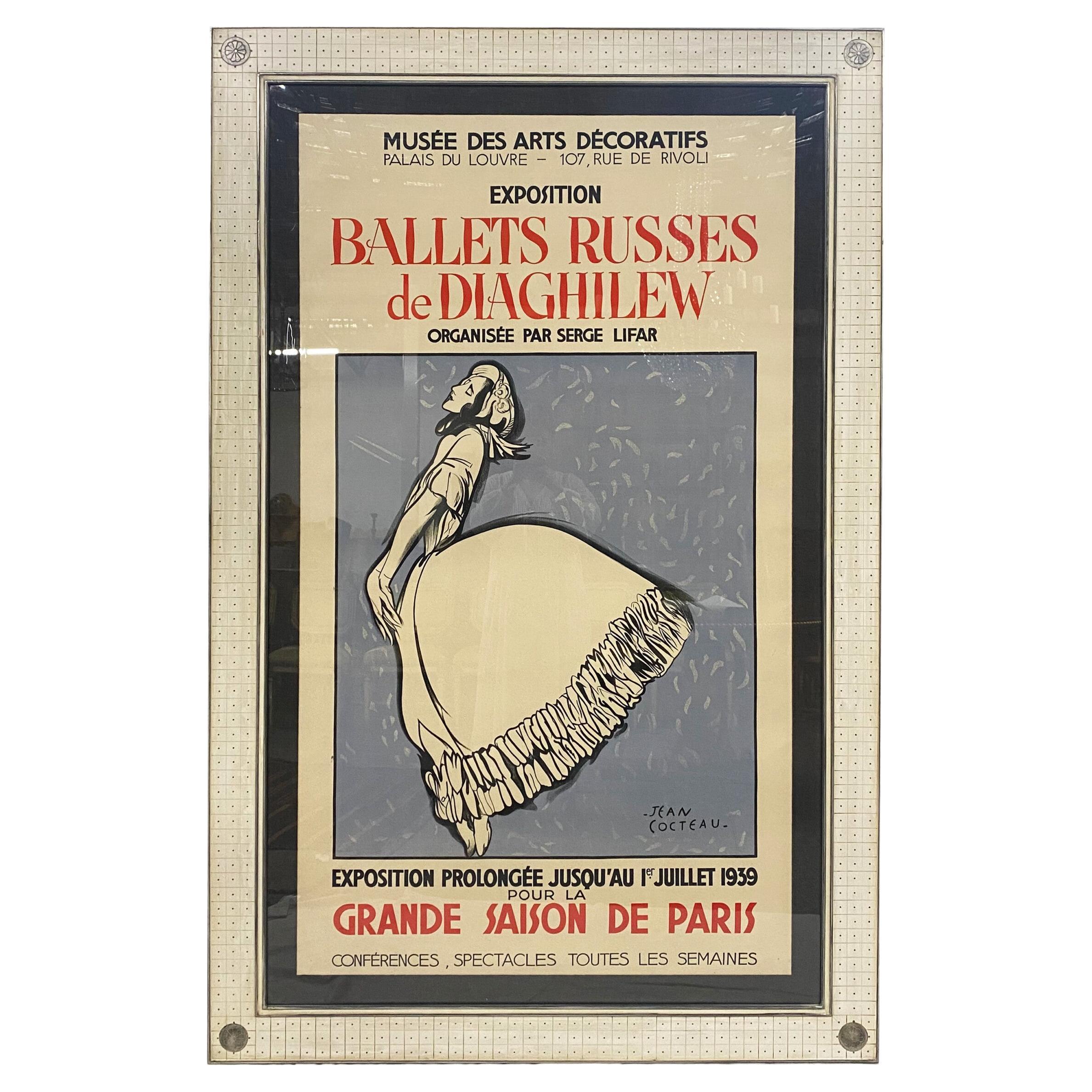 Framed, Original Vintage "Ballets Russes de Diaghilew" Poster by Jean Cocteau For Sale