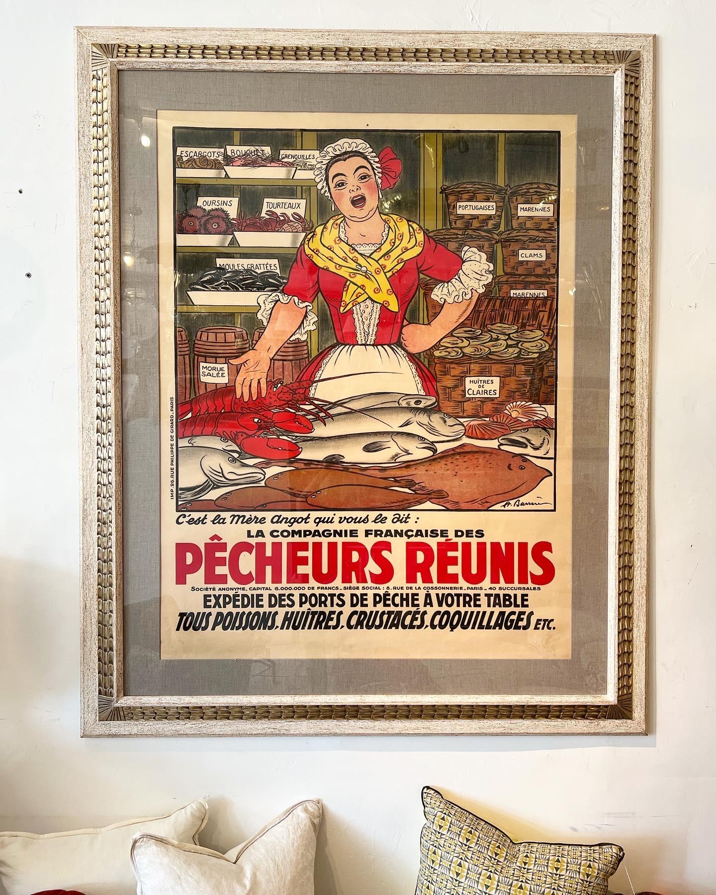 Dimensions with frame: 62? x 76?
Artist: Adrien Barrere
Medium: Original Stone Lithograph Vintage Poster

c. 1910

“Mother Angot gives you word that the United Fishermen can get the catch from the port right to your table, including all fish,