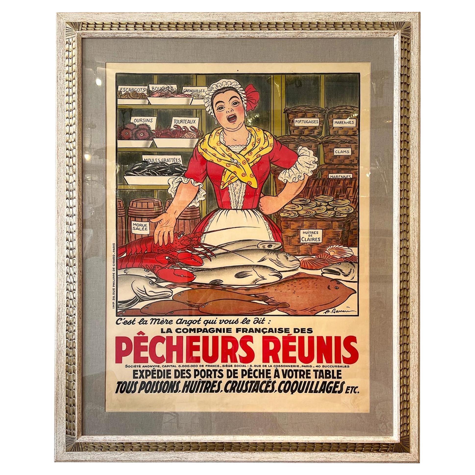 Framed, Original Vintage "Pecheurs Reunis" by Adrien Barrere For Sale