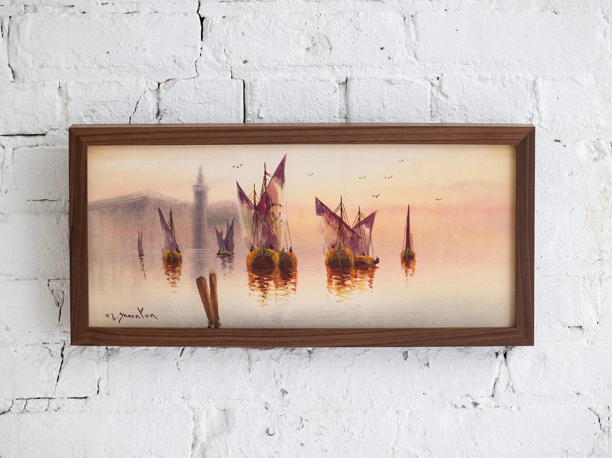 A mid century framed mixed media watercolor scene depicting sail boats against a city, possibly Venice, Italy. Appears to be mixed media including not limited to pastels, watercolor and other pigments. Illegible signature. Professionally framed with