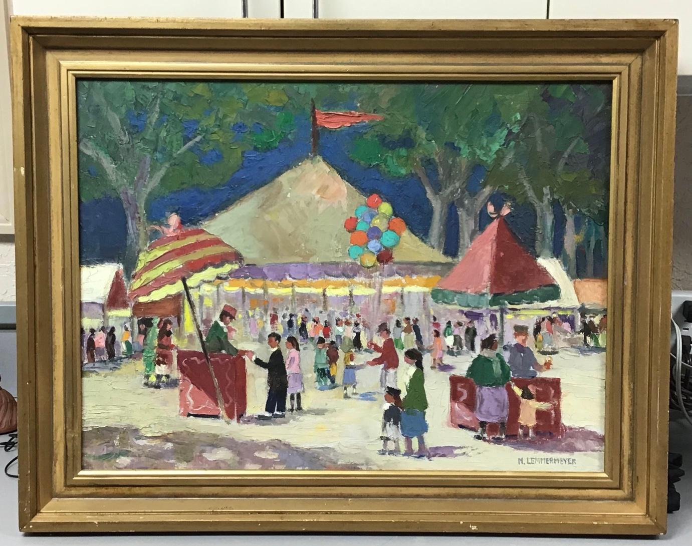 Michael Lemmermeyer (American, 1891-1970).
Framed Oil on Canvas in heavy impasto paint. Wonderful scene of a circus with children and adults around circus tents having fun. Bright cheerful colors. Very well executed impressionist painting.