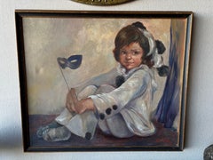 Gerahmte Malerei eines Kindes, das eine Maske hält