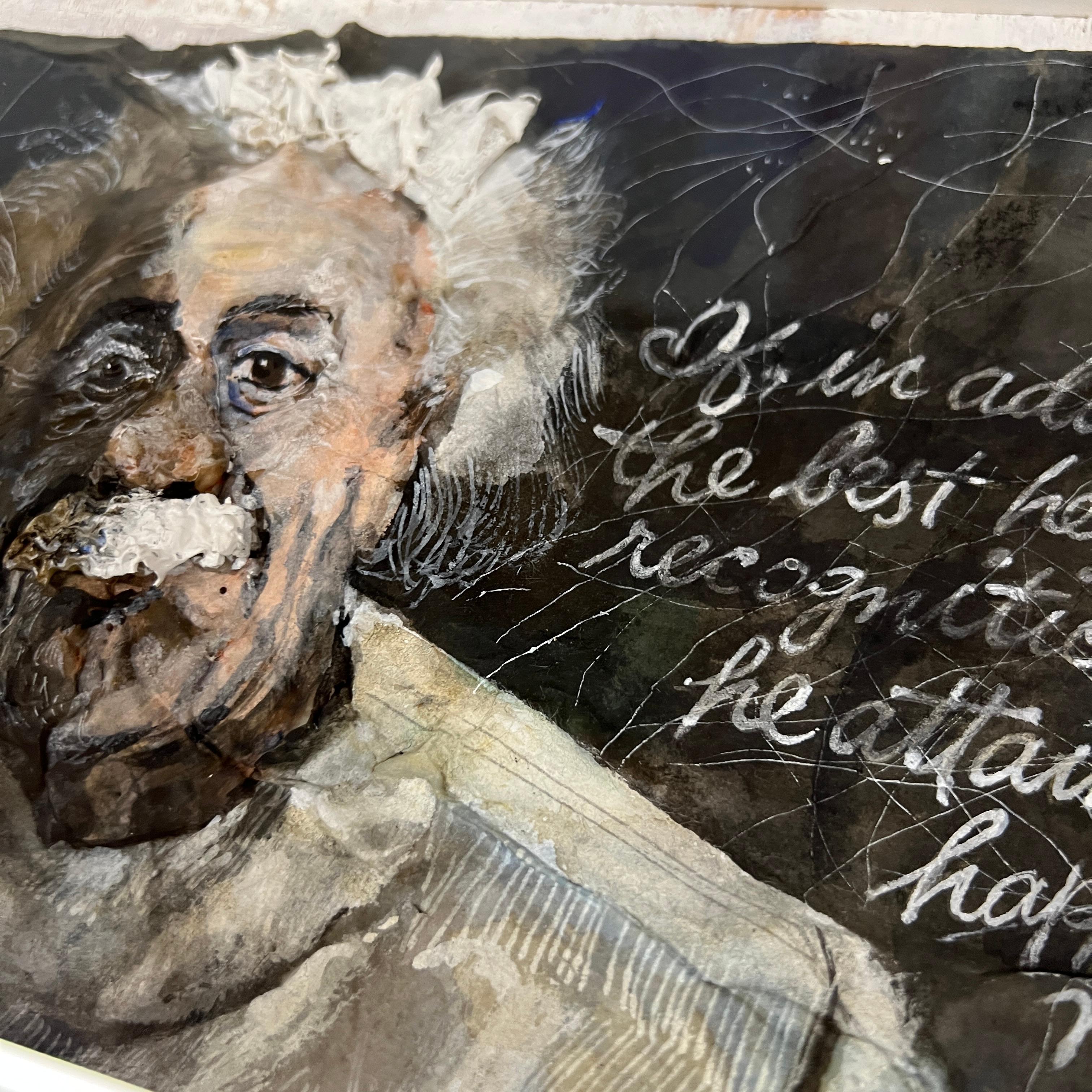 Amazing, almost three dimensional original artwork by calligrapher, illustrator and artist, Sam Fink.  The piece features Einstein holding a violin.  It was painted on board but also seems to have a raised paper form of Einstein in the center of the
