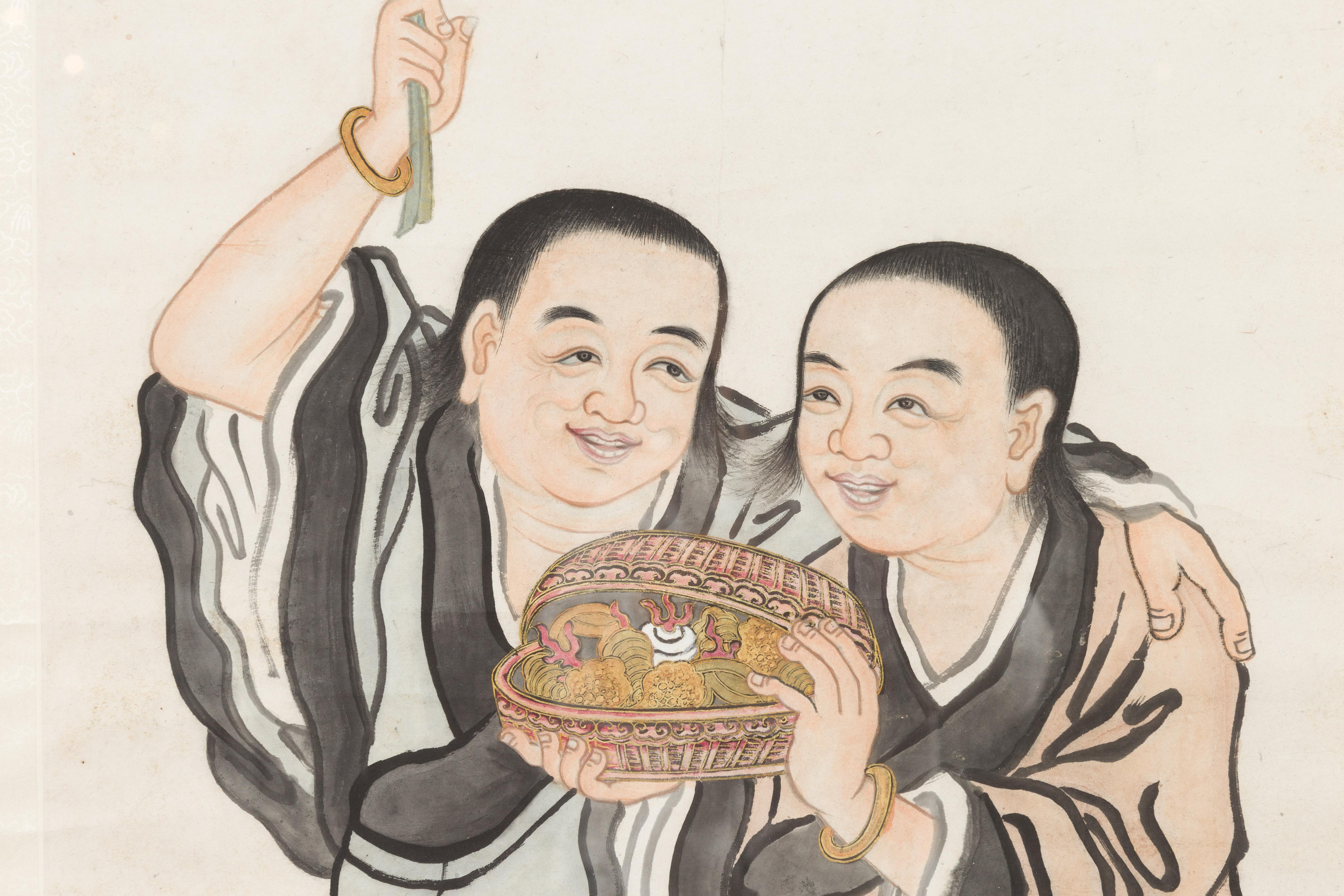 Framed Painting of Two Japanese Buddhist Monks with Lotus Flower and Wicker Box For Sale 5