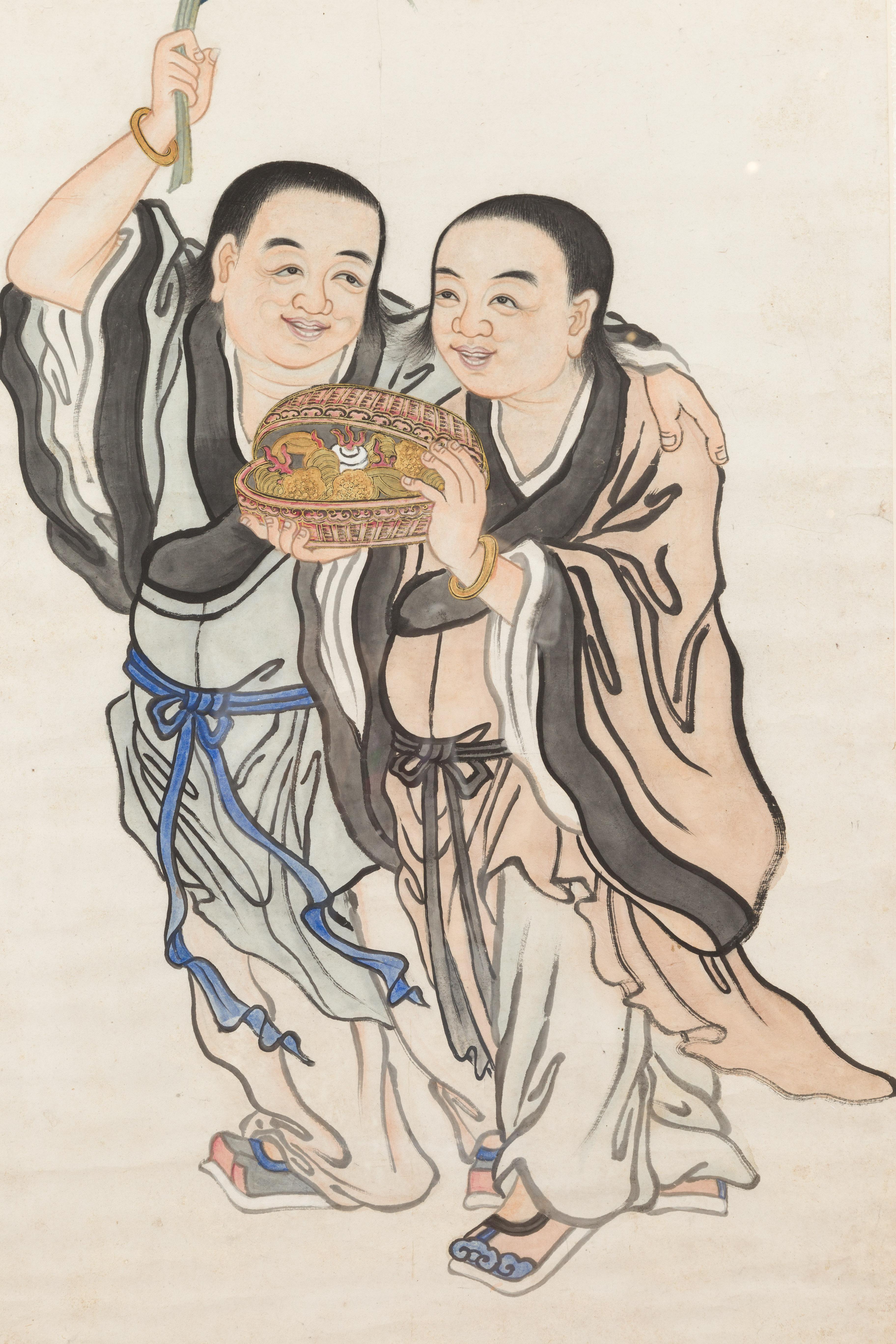 Framed Painting of Two Japanese Buddhist Monks with Lotus Flower and Wicker Box For Sale 7
