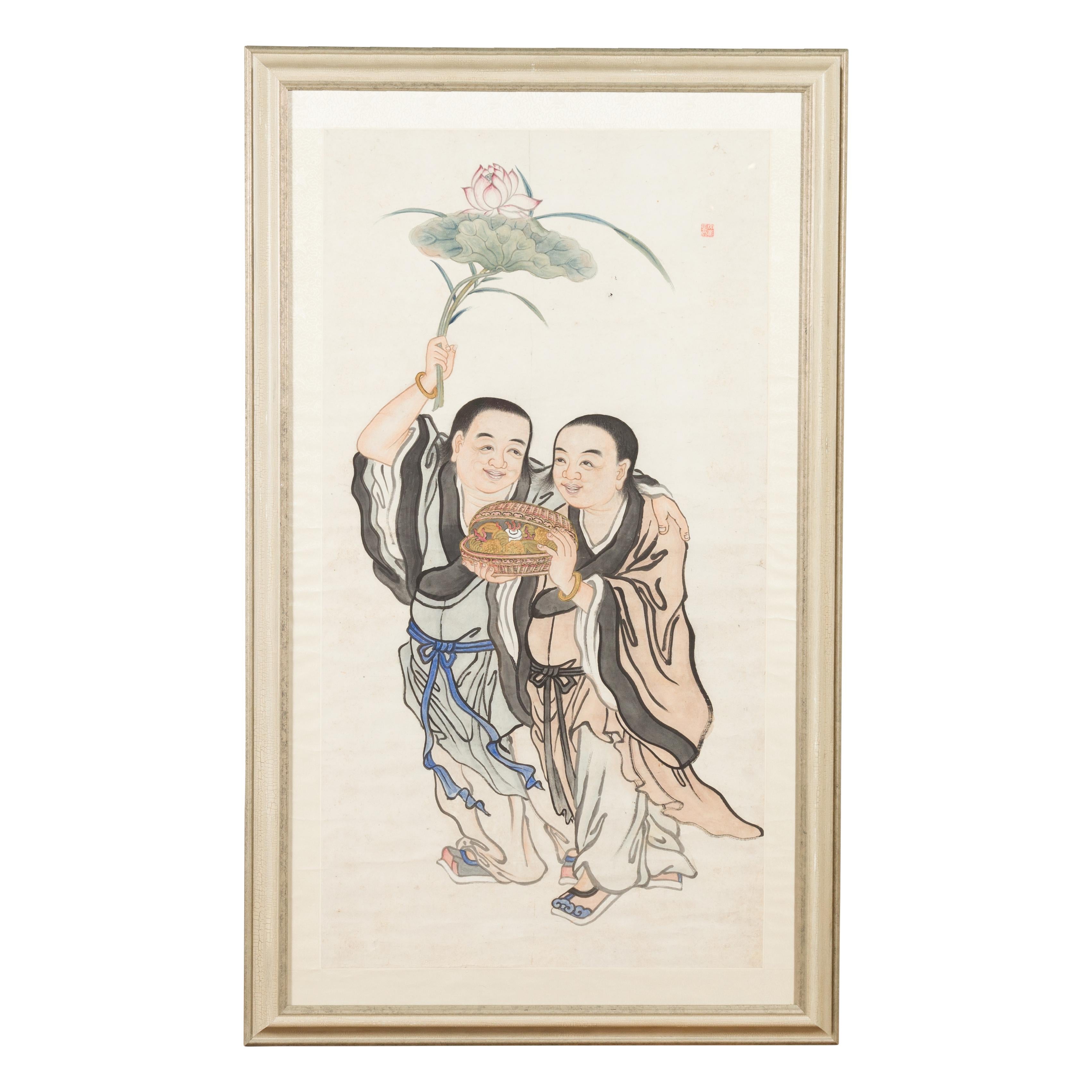 Framed Painting of Two Japanese Buddhist Monks with Lotus Flower and Wicker Box For Sale 15