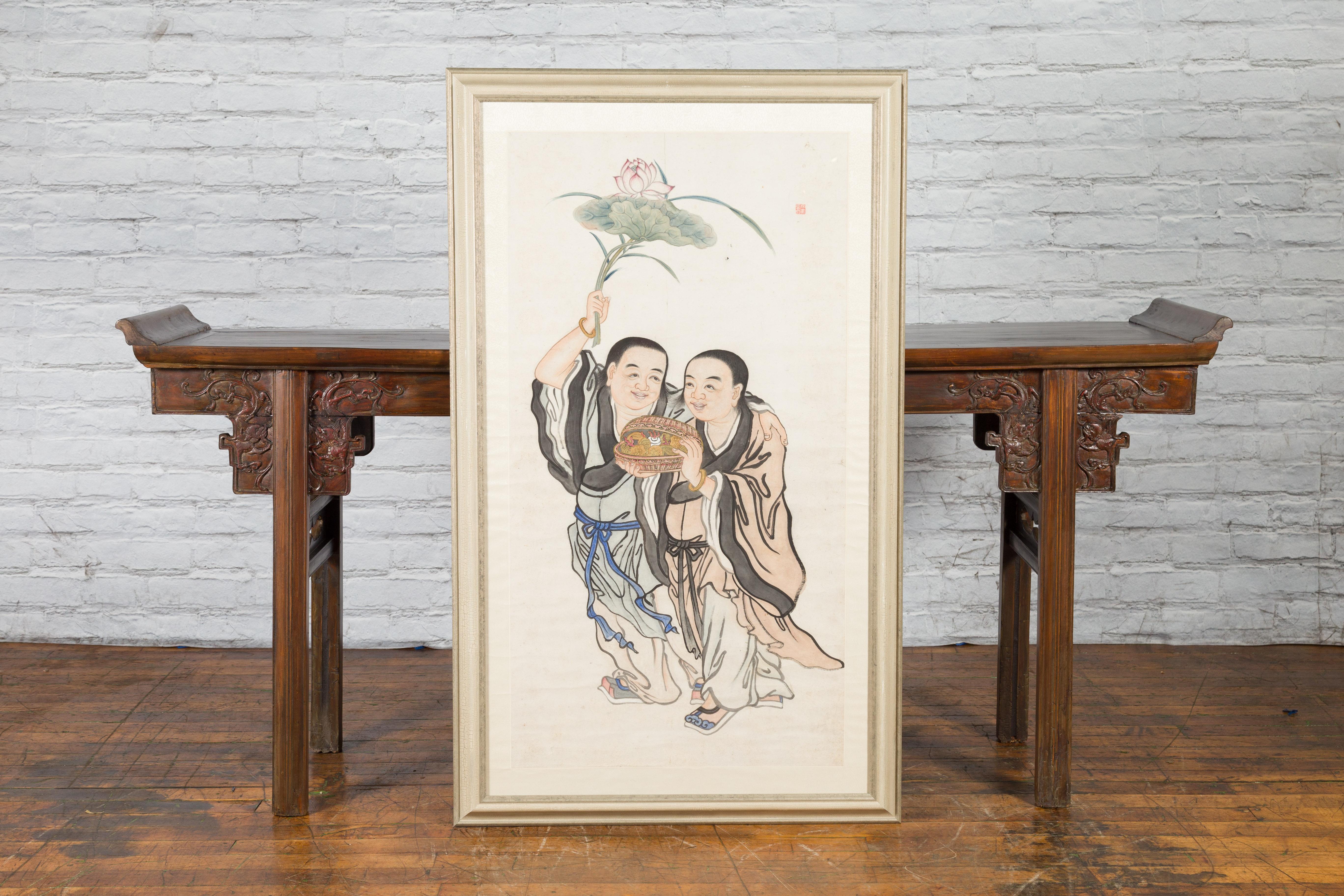 Framed Painting of Two Japanese Buddhist Monks with Lotus Flower and Wicker Box In Good Condition For Sale In Yonkers, NY