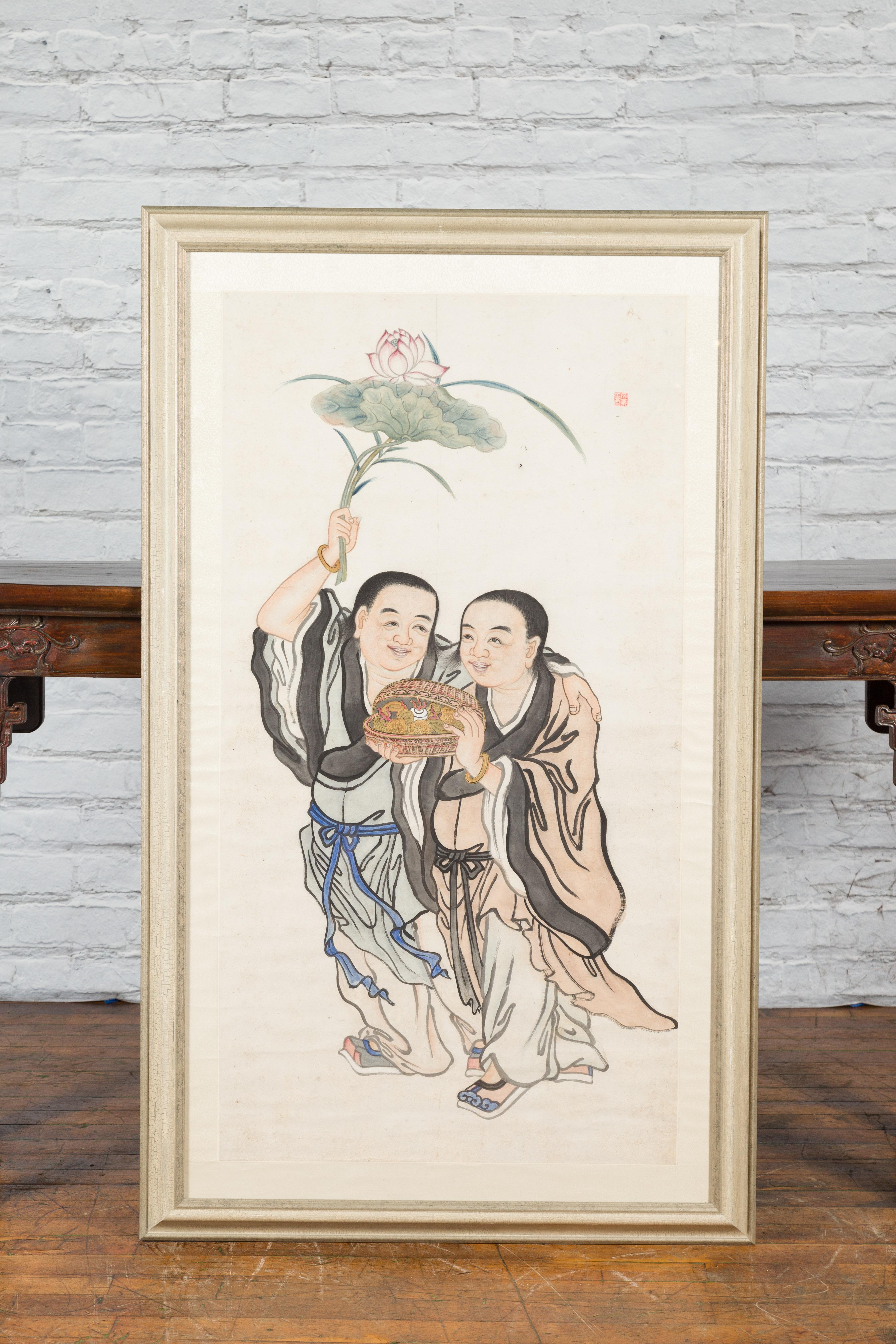 19th Century Framed Painting of Two Japanese Buddhist Monks with Lotus Flower and Wicker Box For Sale