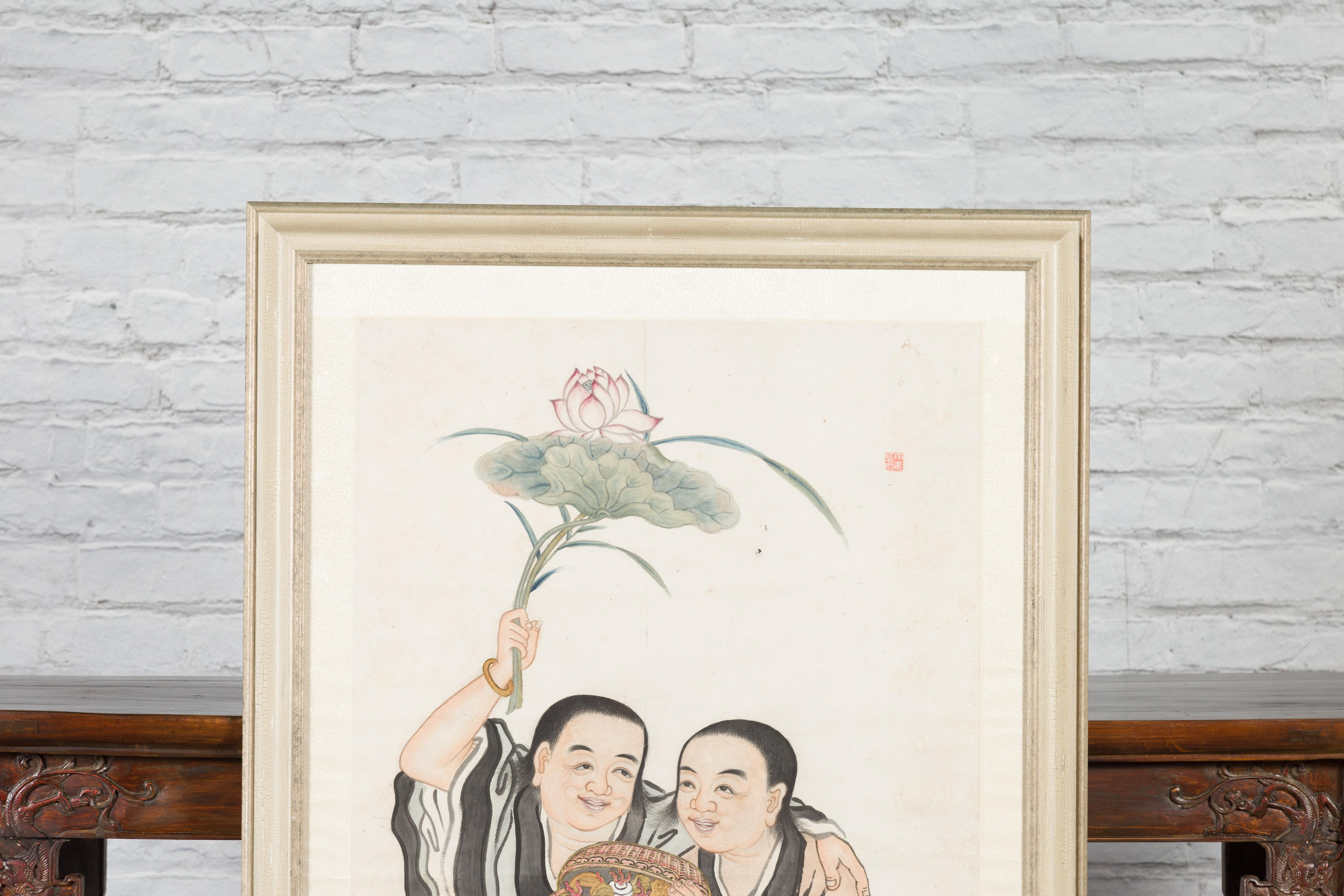 Fabric Framed Painting of Two Japanese Buddhist Monks with Lotus Flower and Wicker Box For Sale