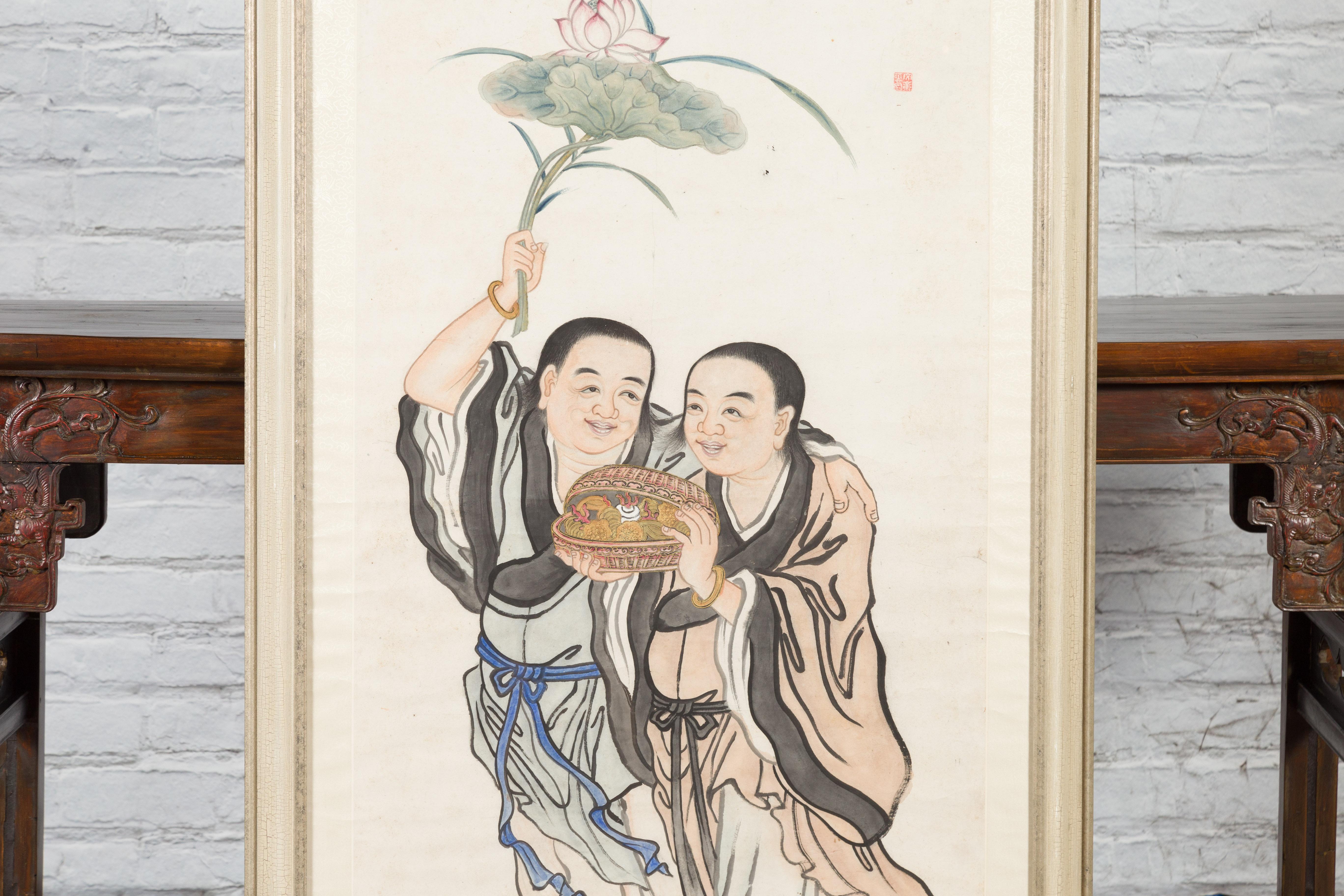Framed Painting of Two Japanese Buddhist Monks with Lotus Flower and Wicker Box For Sale 1