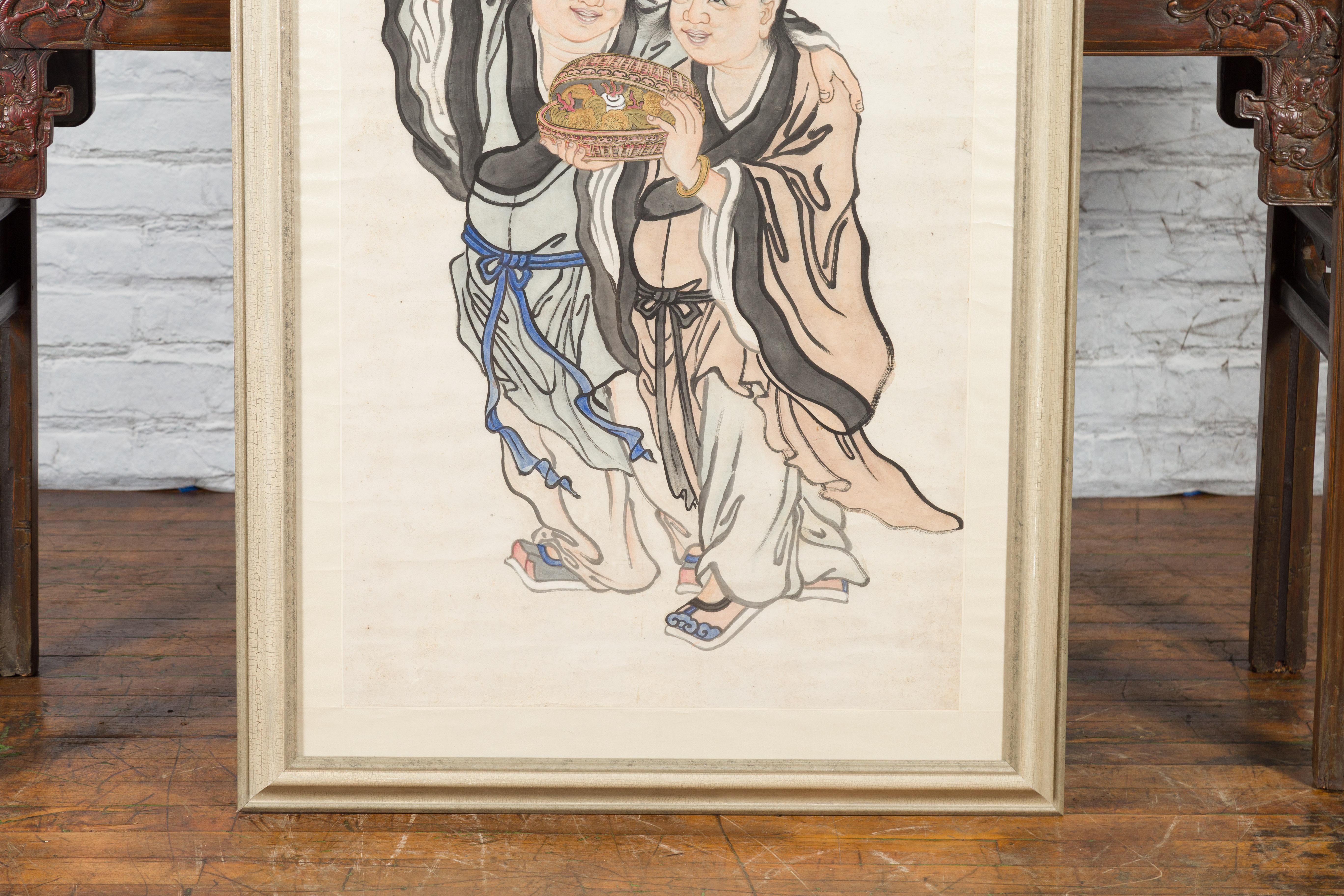 Framed Painting of Two Japanese Buddhist Monks with Lotus Flower and Wicker Box For Sale 2