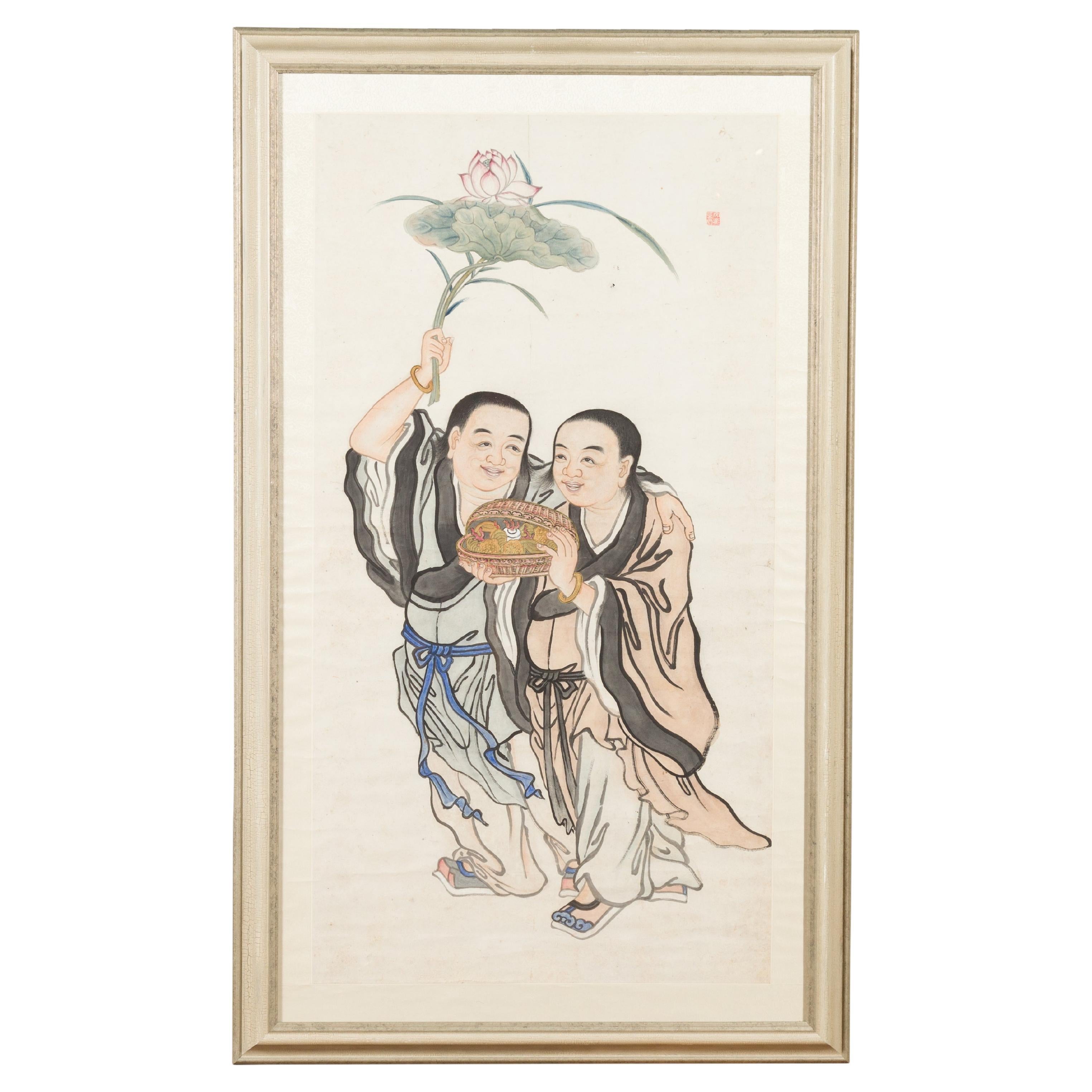 Peinture encadrée de deux moines bouddhistes japonais avec fleur de lotus et boîte en osier