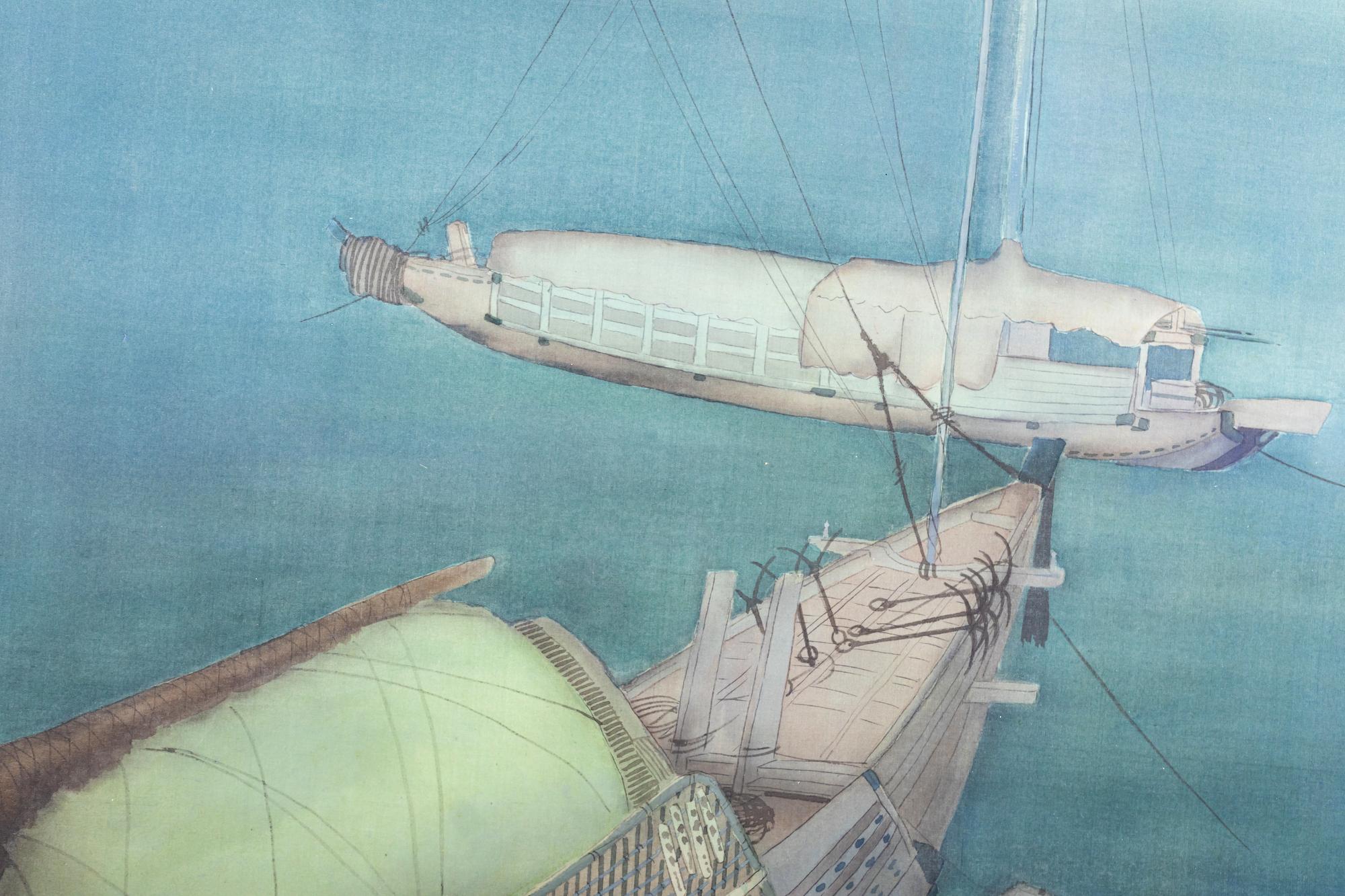 Cuadro enmarcado sobre seda, Puerto de noche Por: Chiga Saku Seda en venta