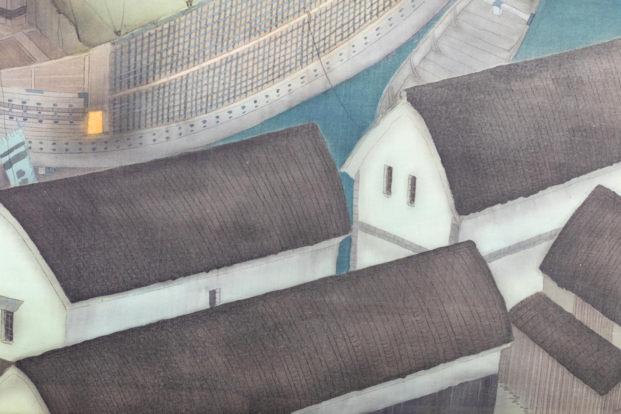 Cuadro enmarcado sobre seda, Puerto de noche Por: Chiga Saku en venta 1