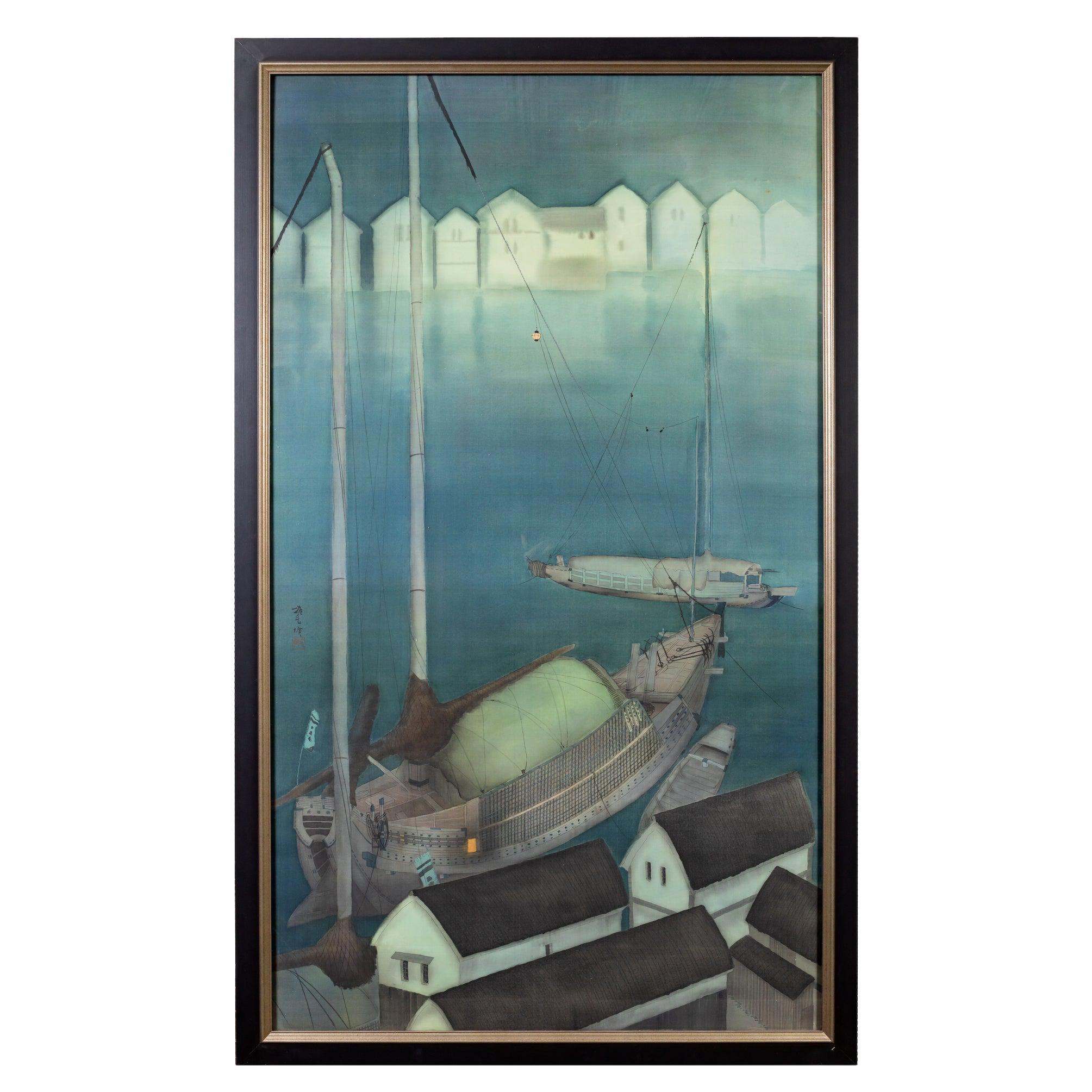 Framed Painting on Silk, Harbor at Night By: Chiga Saku For Sale