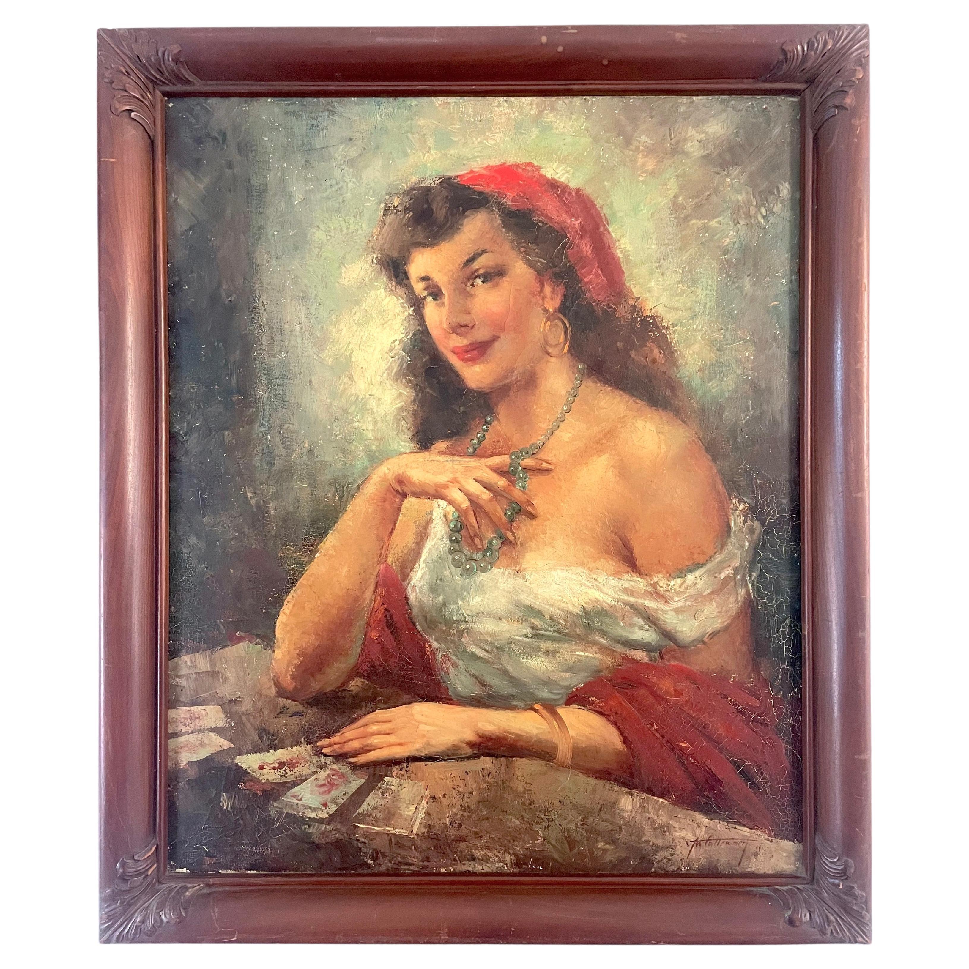 Framed Painting Representing Bohemian Gypsy Cartomancer, Signed Callewaert, 1940 For Sale