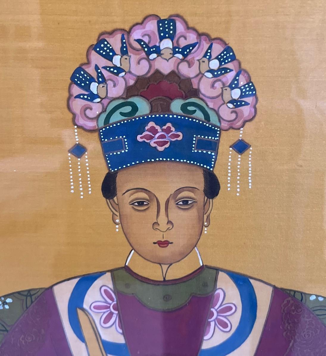 Paire de tableaux anciens d'ancêtres de la dynastie chinoise Qing encadrés sur soie en vente 1