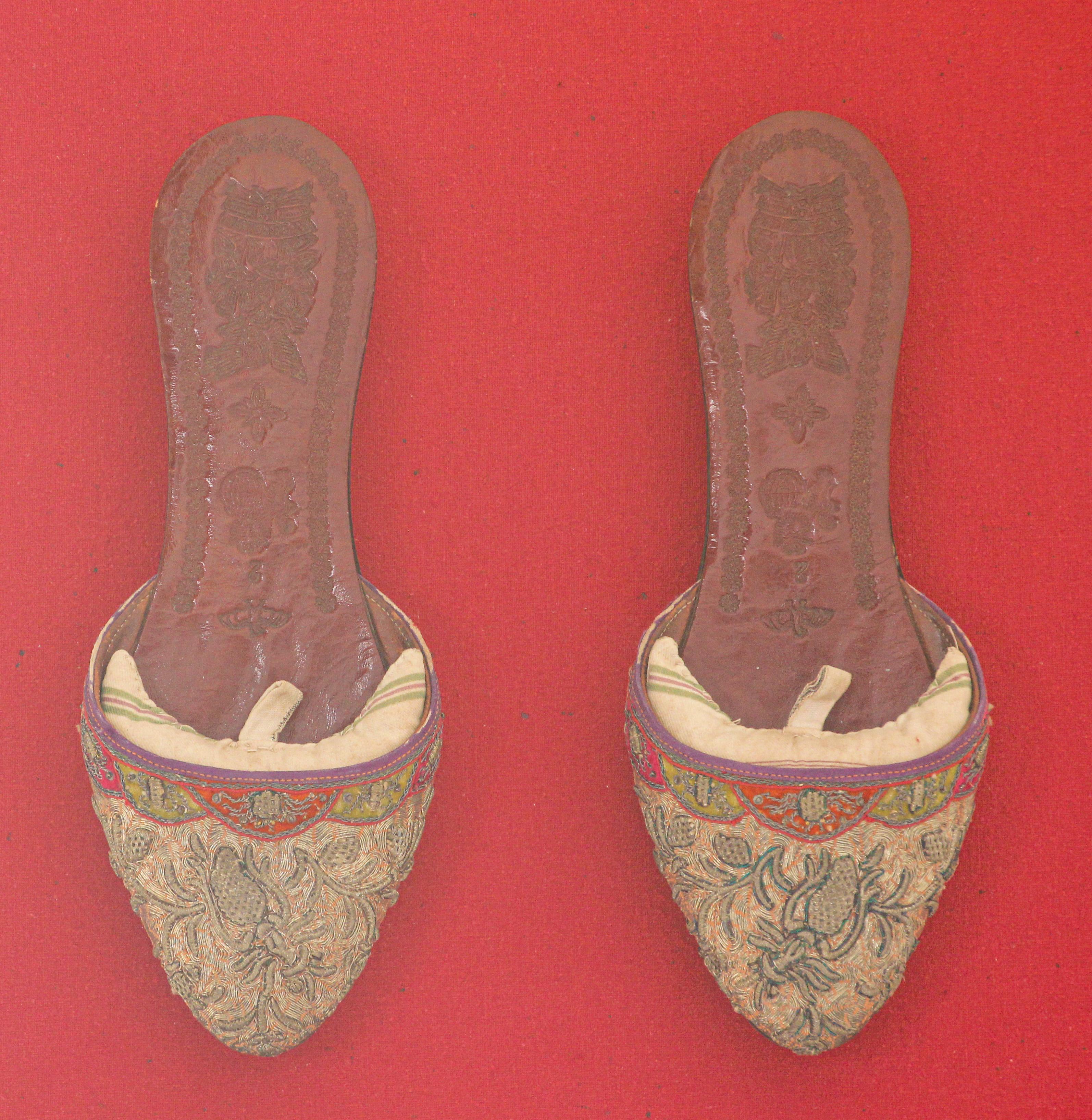 Red Asian Chinese Antique Leather Shoes and Silk Embroidered Framed 