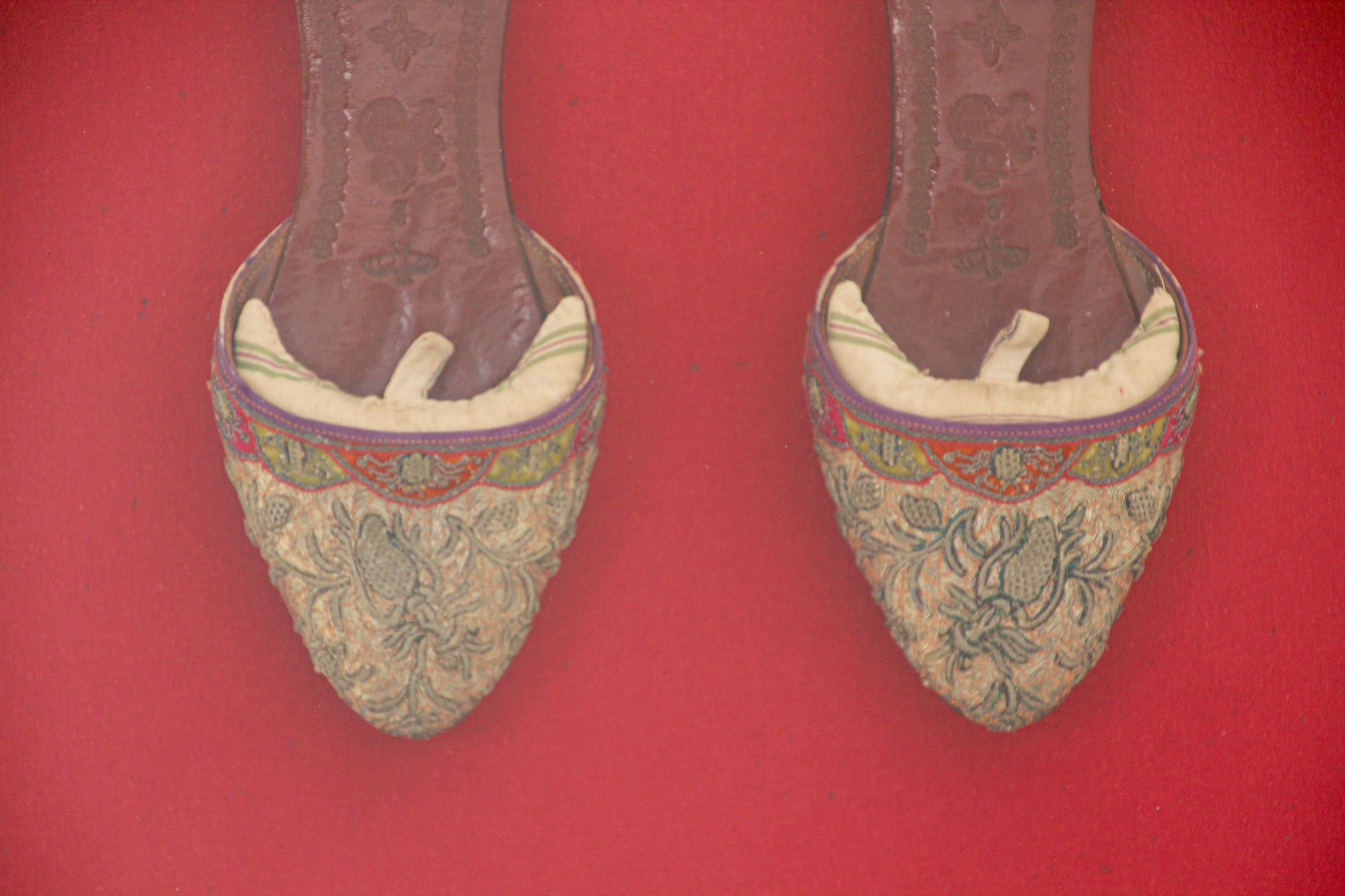 Asian Chinese Antique Leather Shoes and Silk Embroidered Framed  In Good Condition In North Hollywood, CA