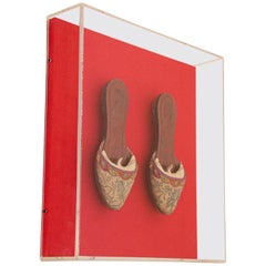 Asian Chinese Antique Leather Shoes and Silk Embroidered Framed