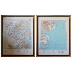 Framed Pair of Vintage Mid Century Soviet Maps of a Section of Greenland