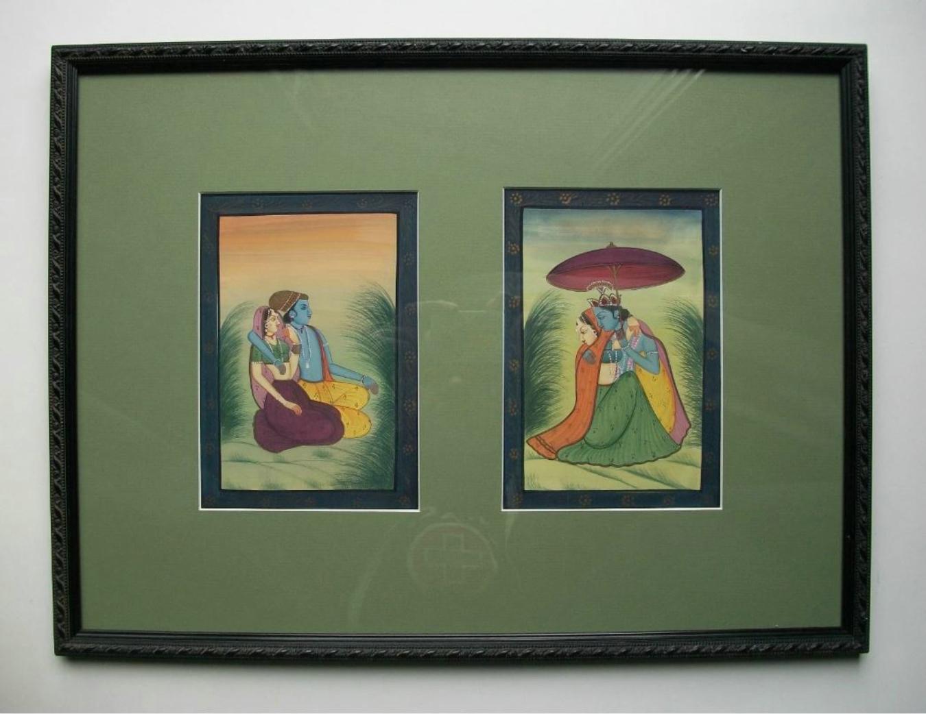 Anglo-indiano Coppia incorniciata di dipinti d'epoca dell'Asia meridionale - Gouache e doratura - 20° secolo in vendita